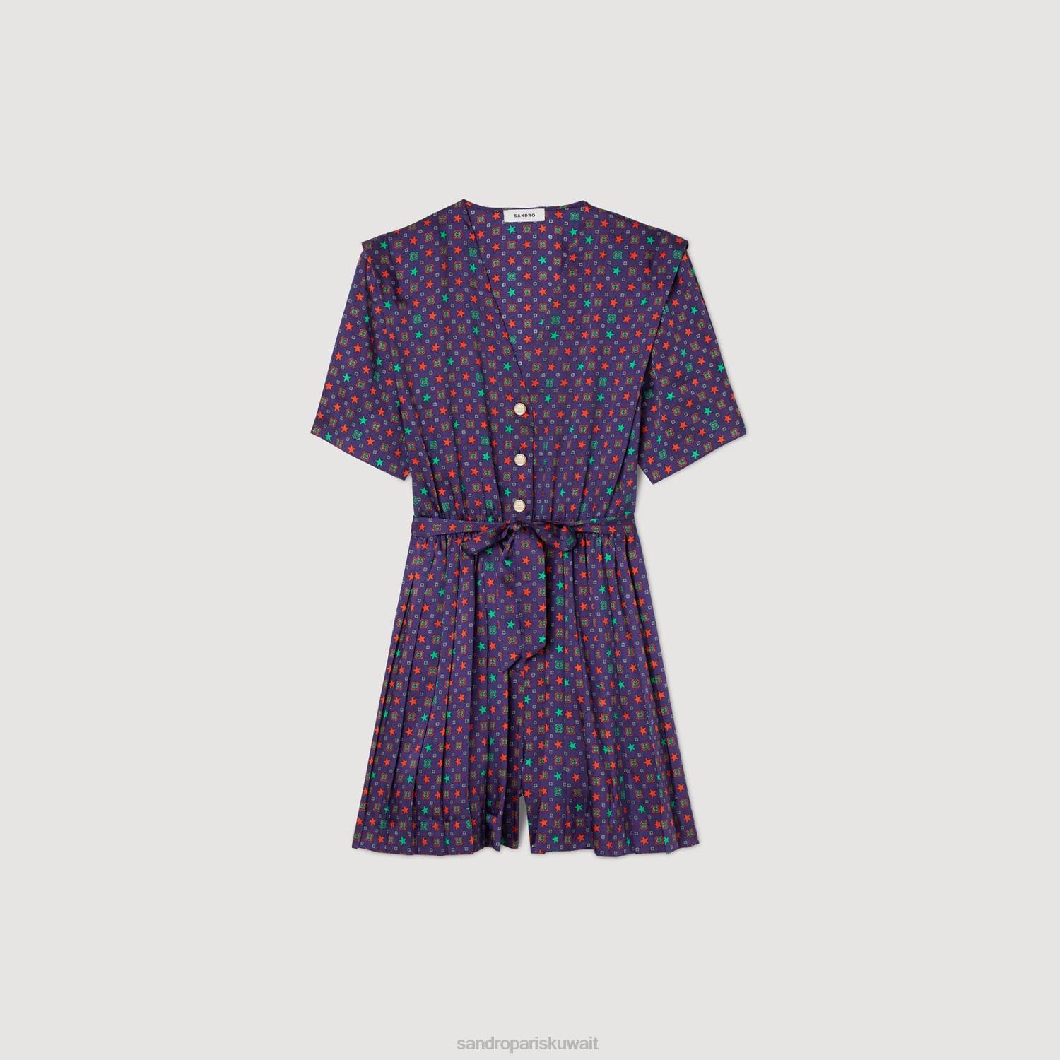 ثياب Sandro Paris بلاي سوت من الساتان المطبوع أزرق أحمر نحيف ZJ0023