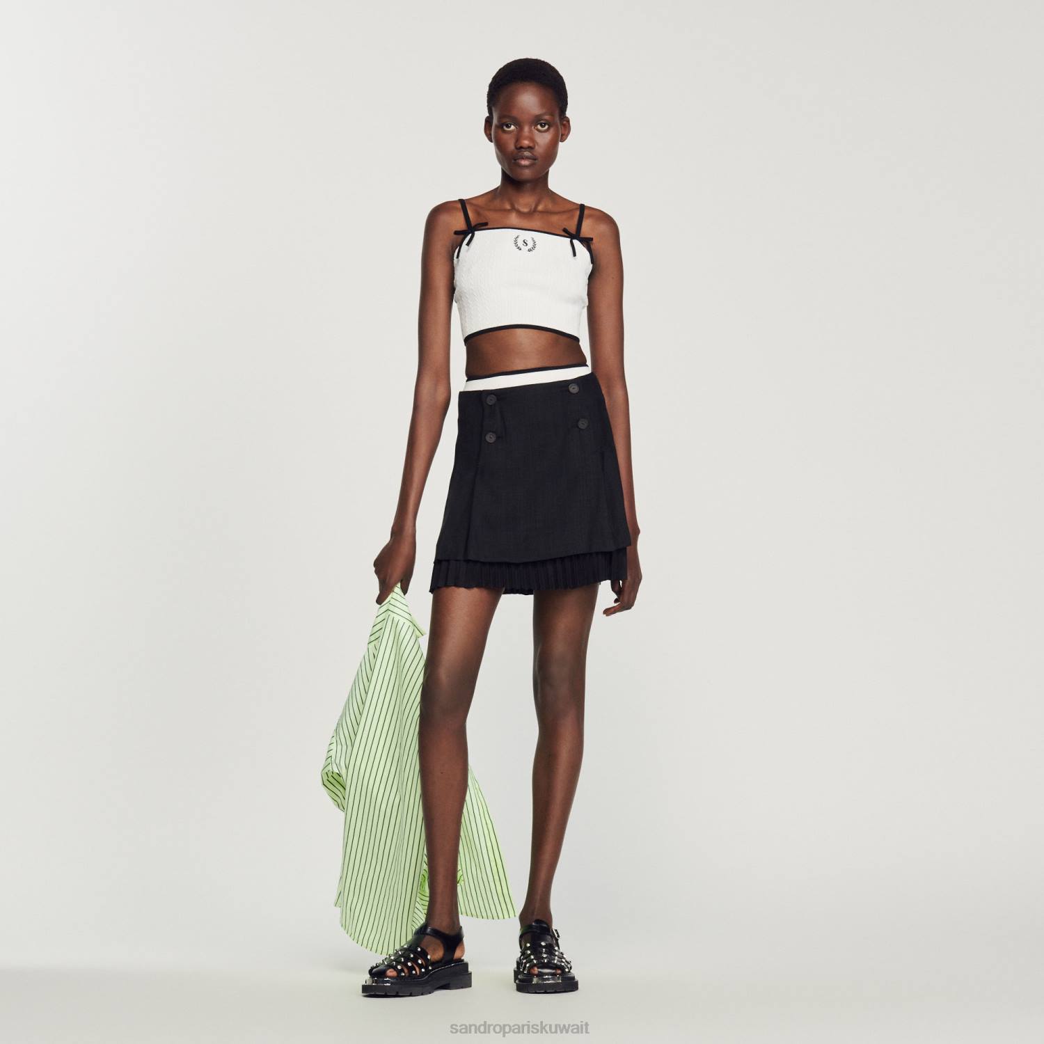 ثياب Sandro Paris محبوك أعلى المحاصيل أبيض نحيف ZJ00240