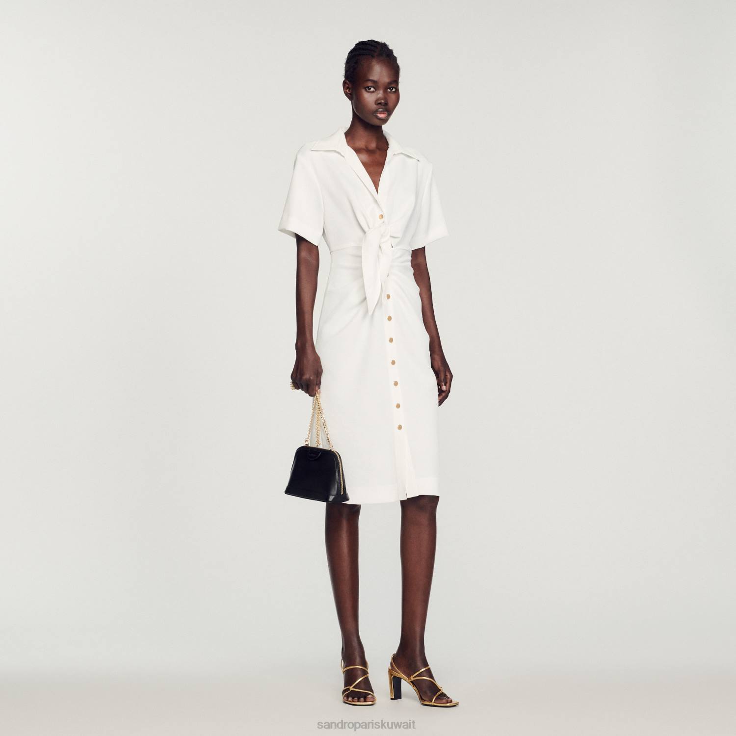 ثياب Sandro Paris فستان ميدي بأزرار بيج فاتح نحيف ZJ00242