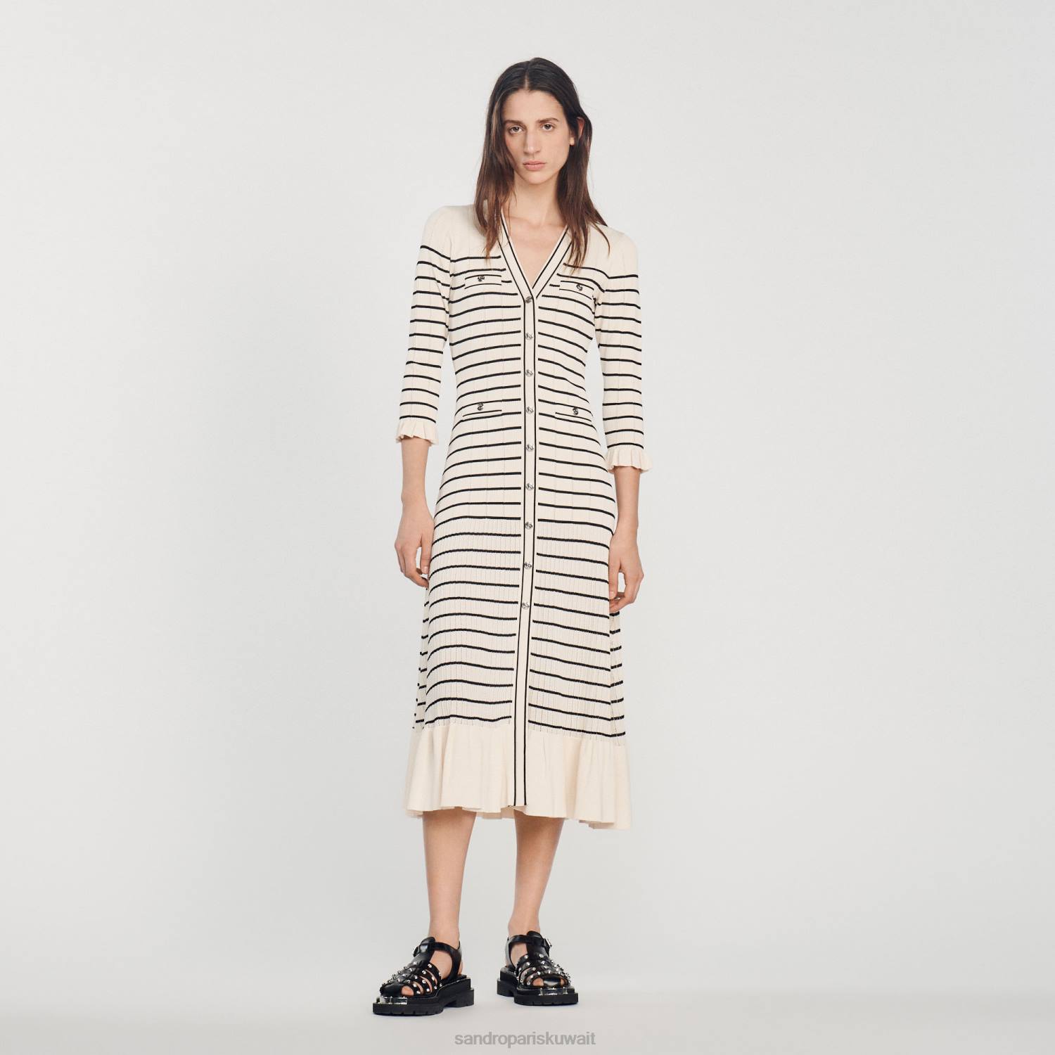 ثياب Sandro Paris فستان طويل مخطط بحار بيج فاتح نحيف ZJ00247