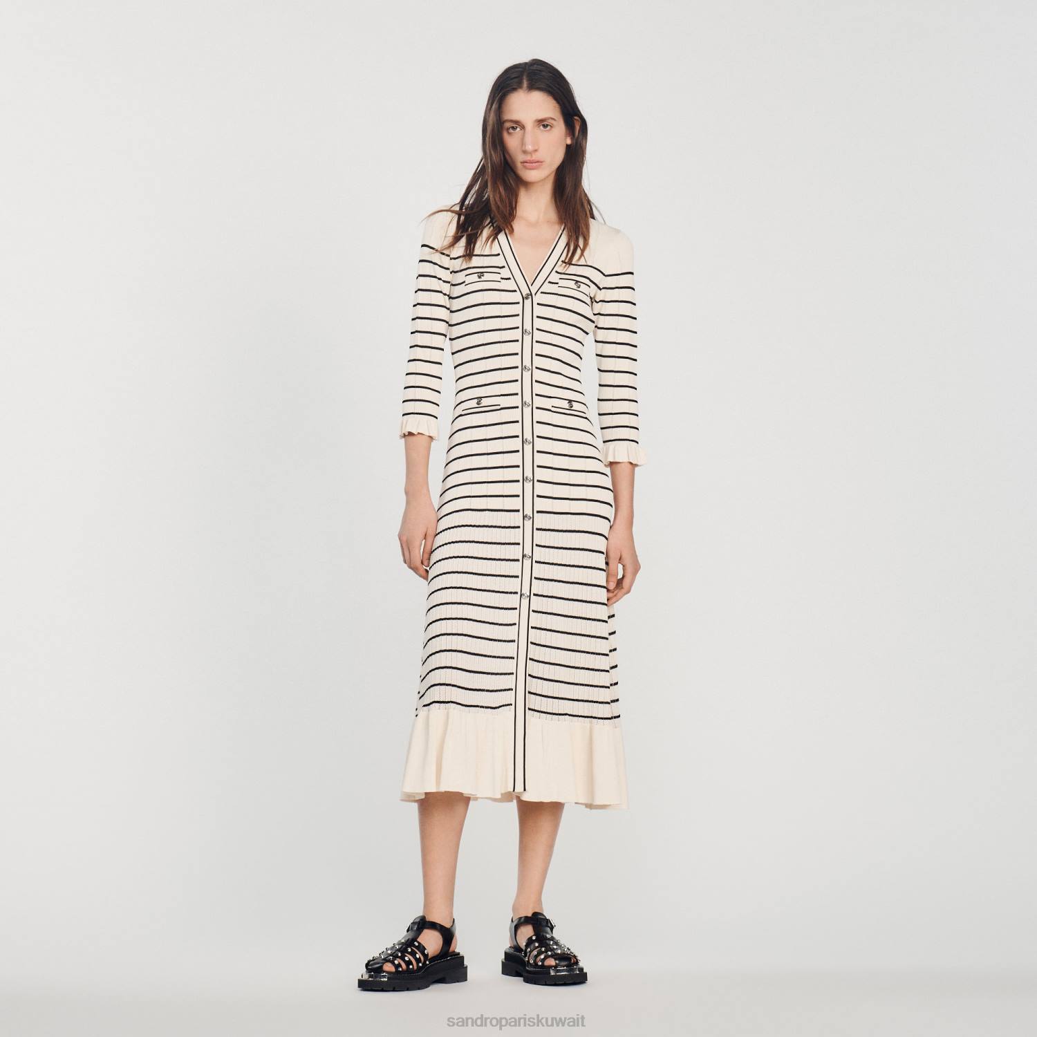 ثياب Sandro Paris فستان طويل مخطط بحار بيج فاتح نحيف ZJ00247