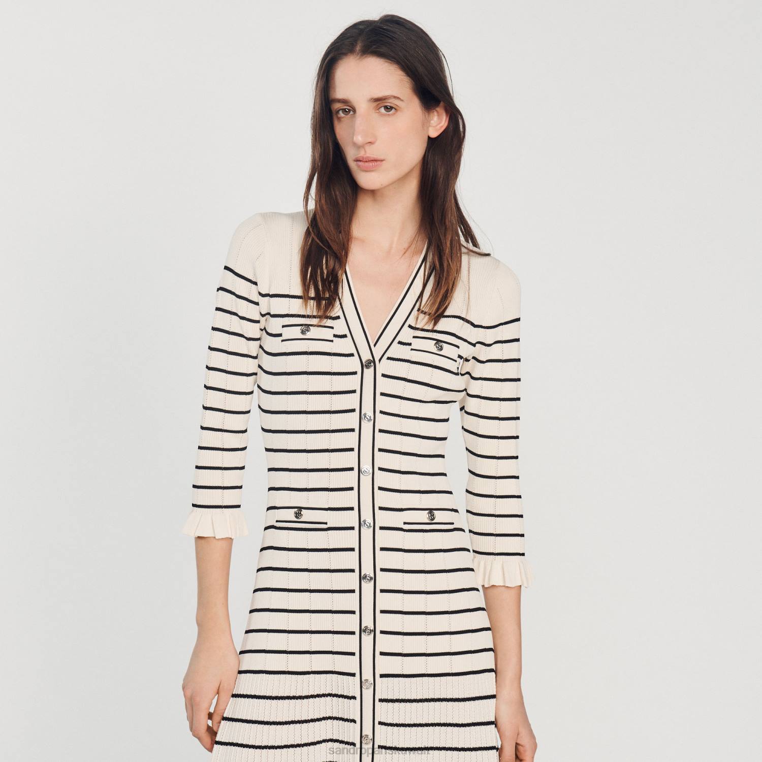 ثياب Sandro Paris فستان طويل مخطط بحار بيج فاتح نحيف ZJ00247