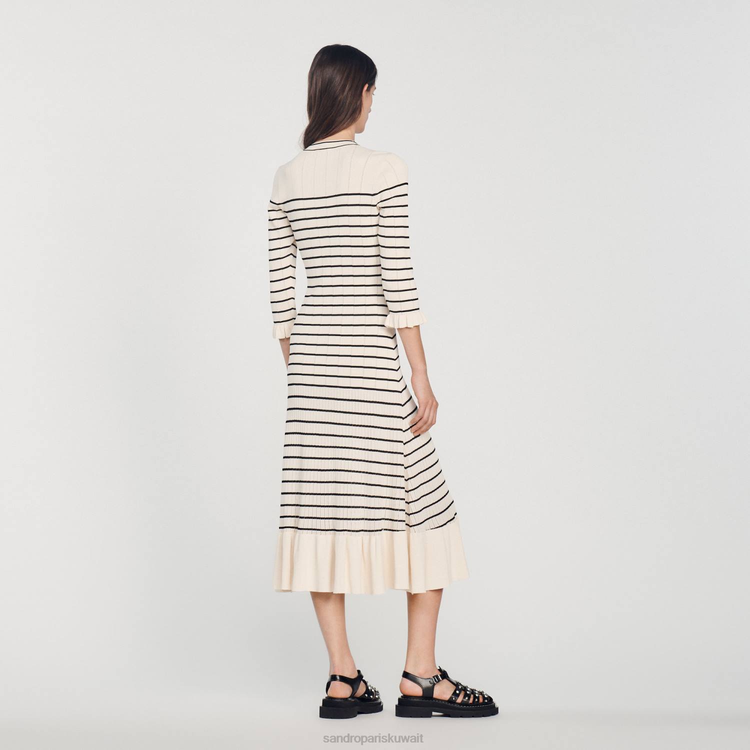 ثياب Sandro Paris فستان طويل مخطط بحار بيج فاتح نحيف ZJ00247