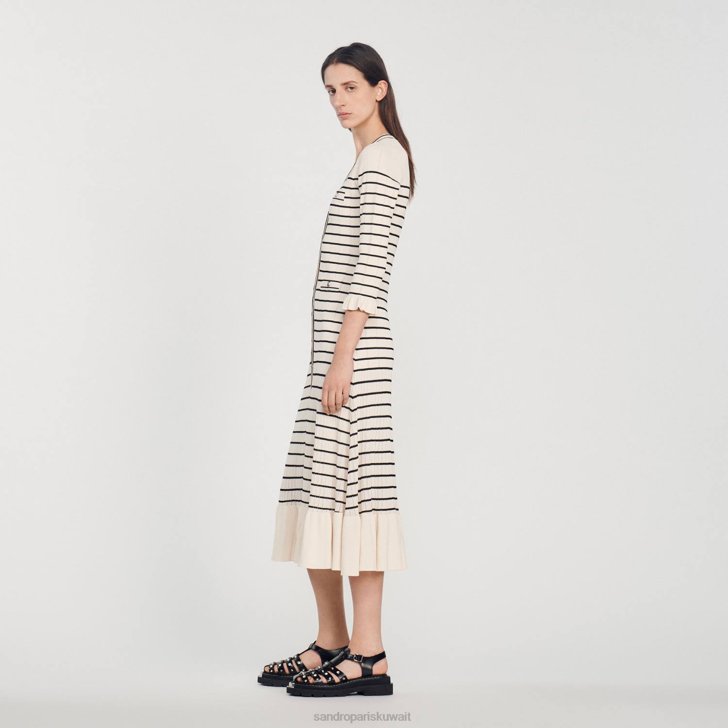 ثياب Sandro Paris فستان طويل مخطط بحار بيج فاتح نحيف ZJ00247