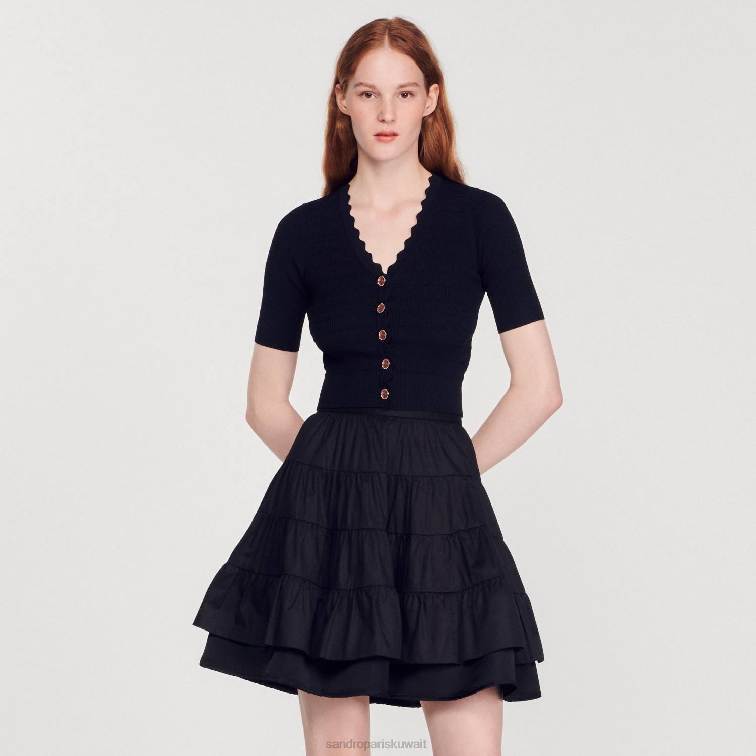 ثياب Sandro Paris سترة محبوكة بأزرار فاخرة أسود نحيف ZJ00249