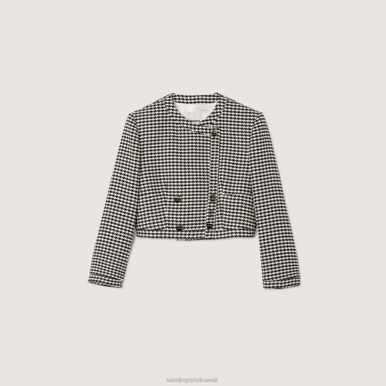 ثياب Sandro Paris سترة قصيرة بنقش هاوندزتوث أسود/أبيض نحيف ZJ0025