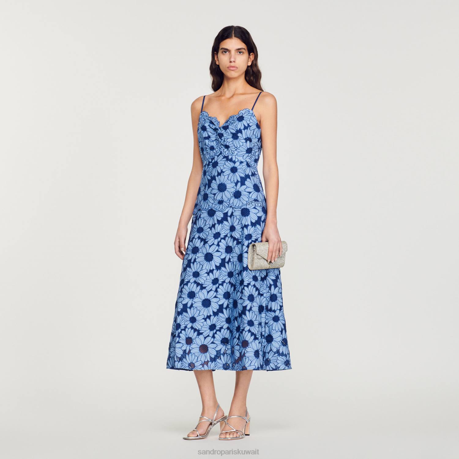 ثياب Sandro Paris فستان ميدي ديزي جبر أزرق نحيف ZJ00252