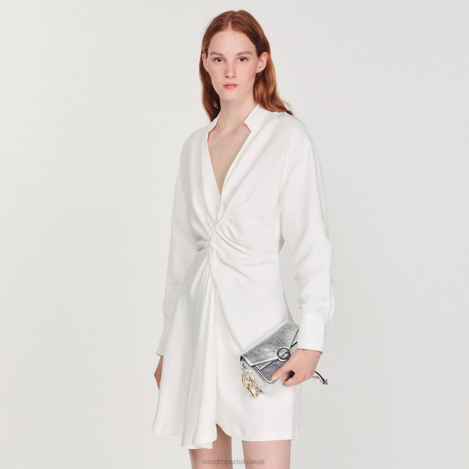 ثياب Sandro Paris فستان قصير بأكمام طويلة بيج فاتح نحيف ZJ00253