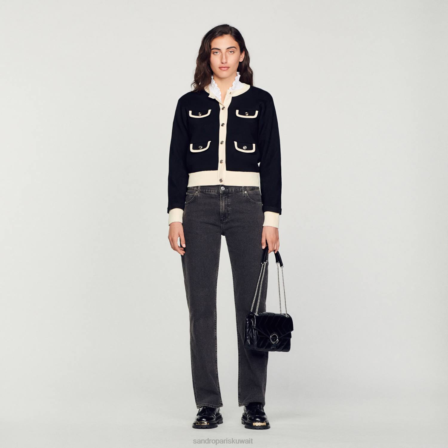 ثياب Sandro Paris سترة بلونين مع أزرار أسود نحيف ZJ00254