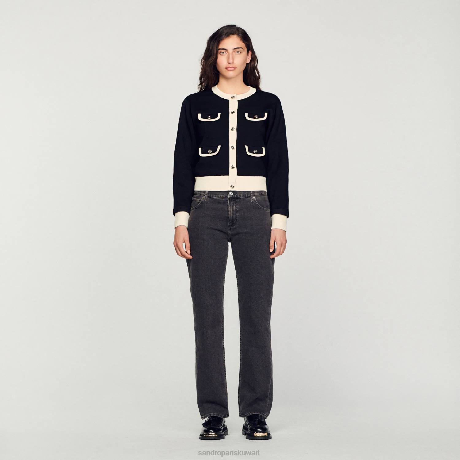 ثياب Sandro Paris سترة بلونين مع أزرار أسود نحيف ZJ00254