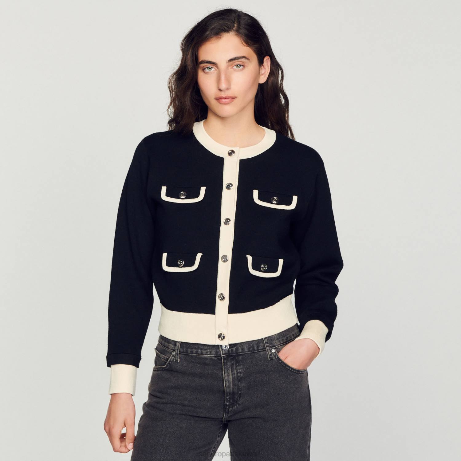 ثياب Sandro Paris سترة بلونين مع أزرار أسود نحيف ZJ00254