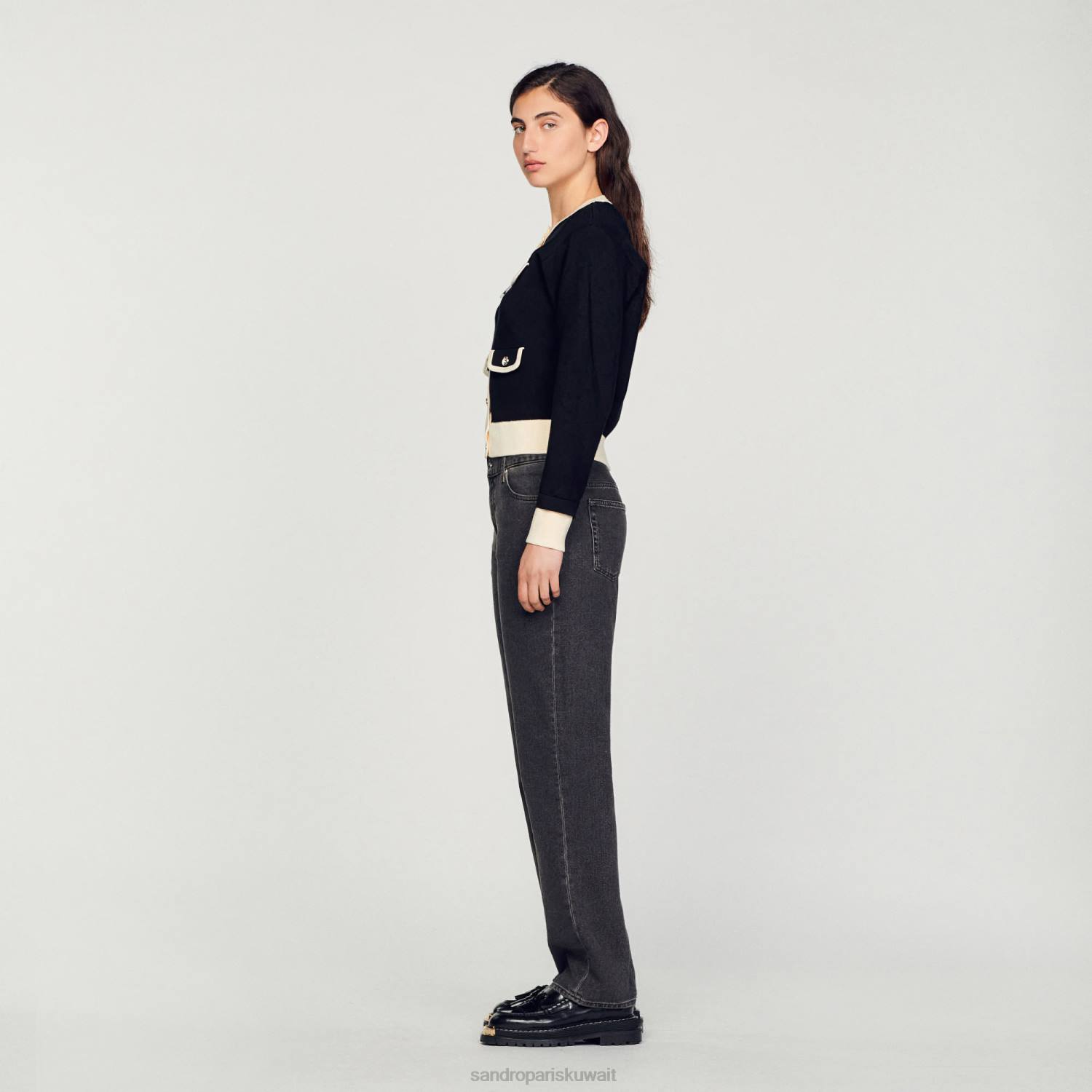 ثياب Sandro Paris سترة بلونين مع أزرار أسود نحيف ZJ00254