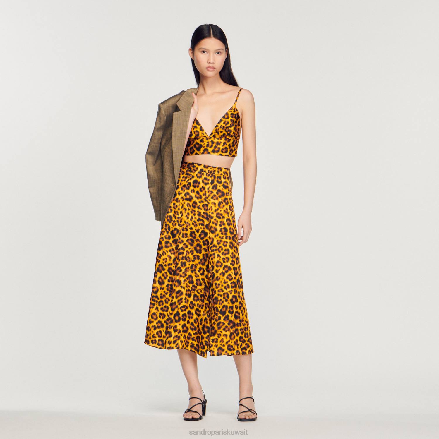 ثياب Sandro Paris تنورة الفهد برتقالي/أسود نحيف ZJ00257