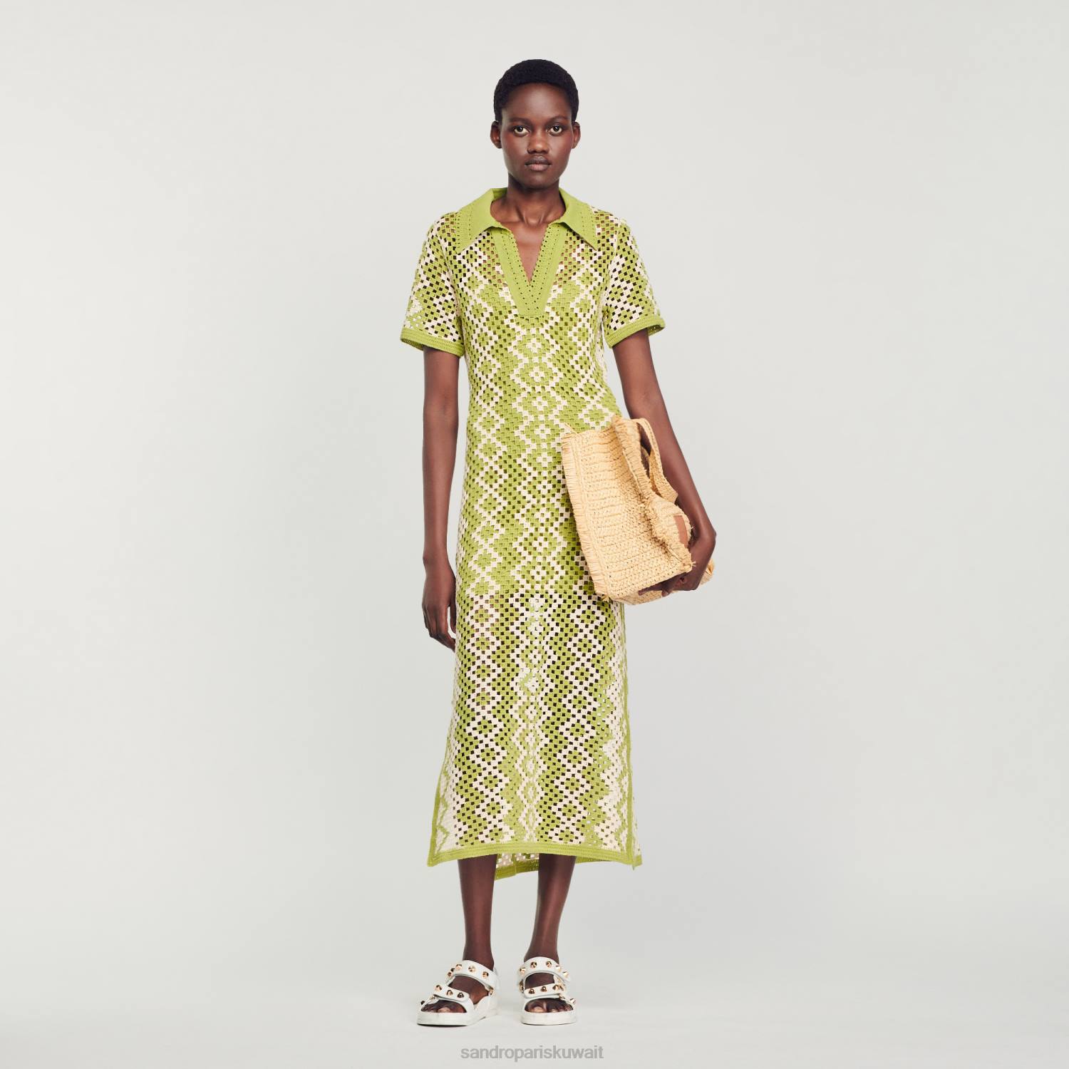 ثياب Sandro Paris فستان تونيك كروشيه أخضر زيتوني نحيف ZJ00259