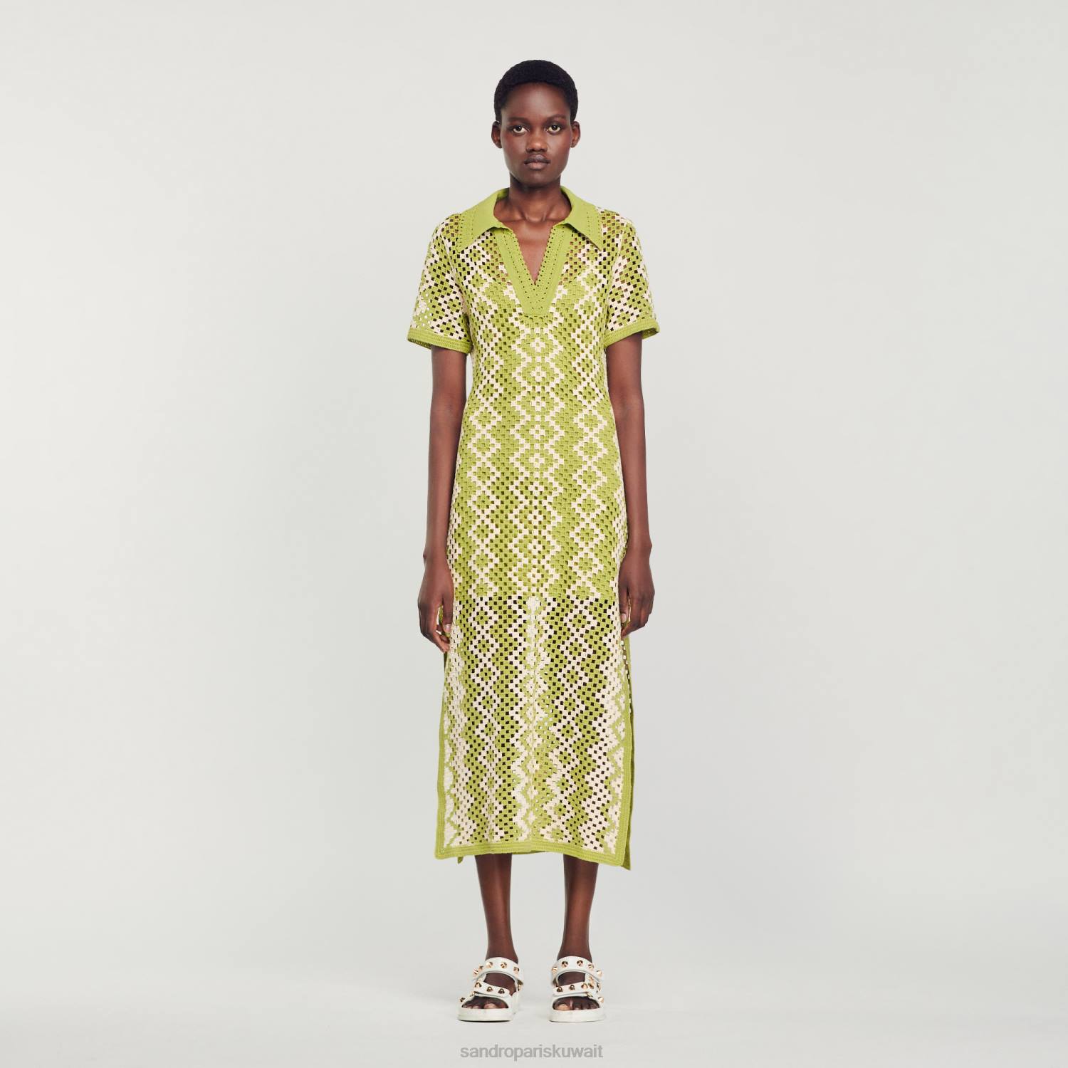 ثياب Sandro Paris فستان تونيك كروشيه أخضر زيتوني نحيف ZJ00259