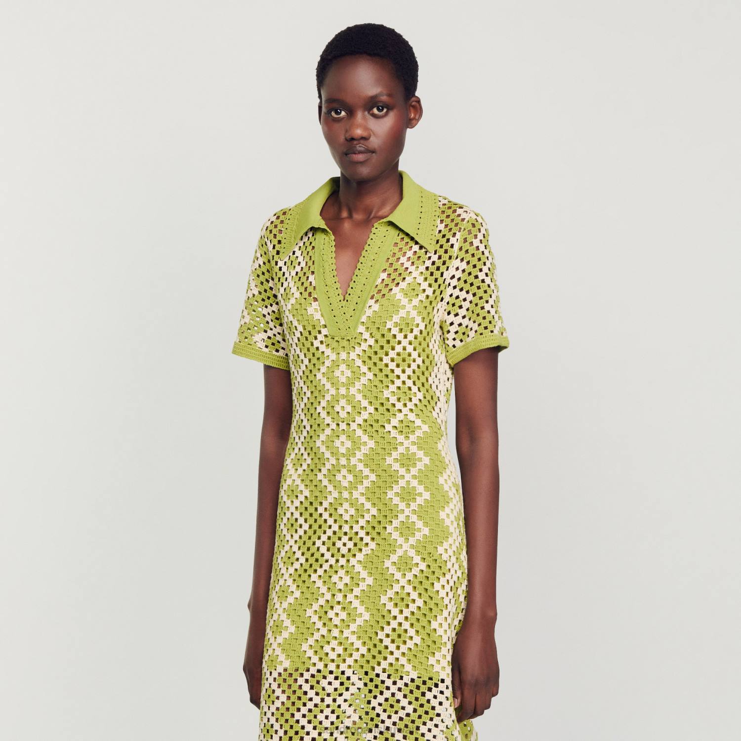 ثياب Sandro Paris فستان تونيك كروشيه أخضر زيتوني نحيف ZJ00259