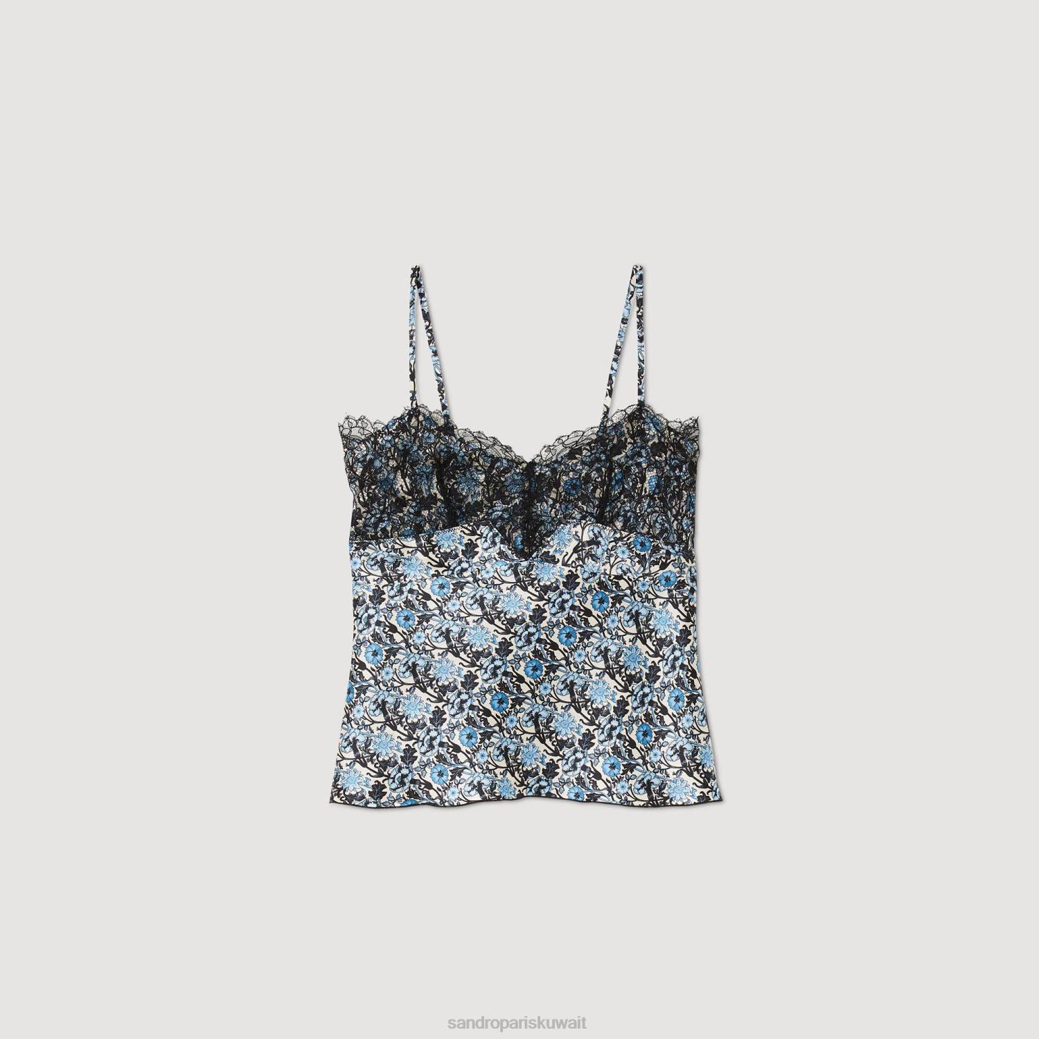 ثياب Sandro Paris قميص قصير مطبوع أزرق/بيج نحيف ZJ0026