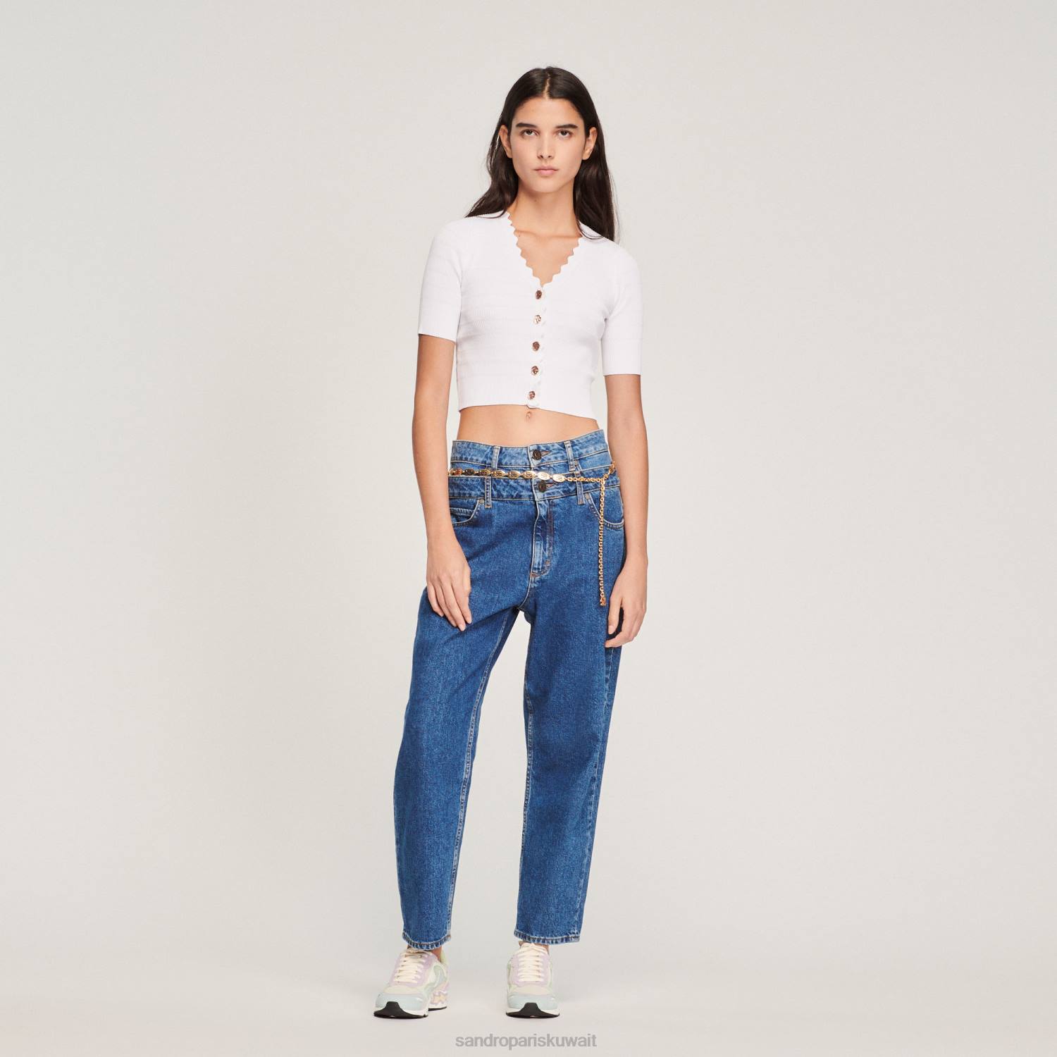 ثياب Sandro Paris سترة محبوكة بأزرار فاخرة أبيض مصفر نحيف ZJ00260