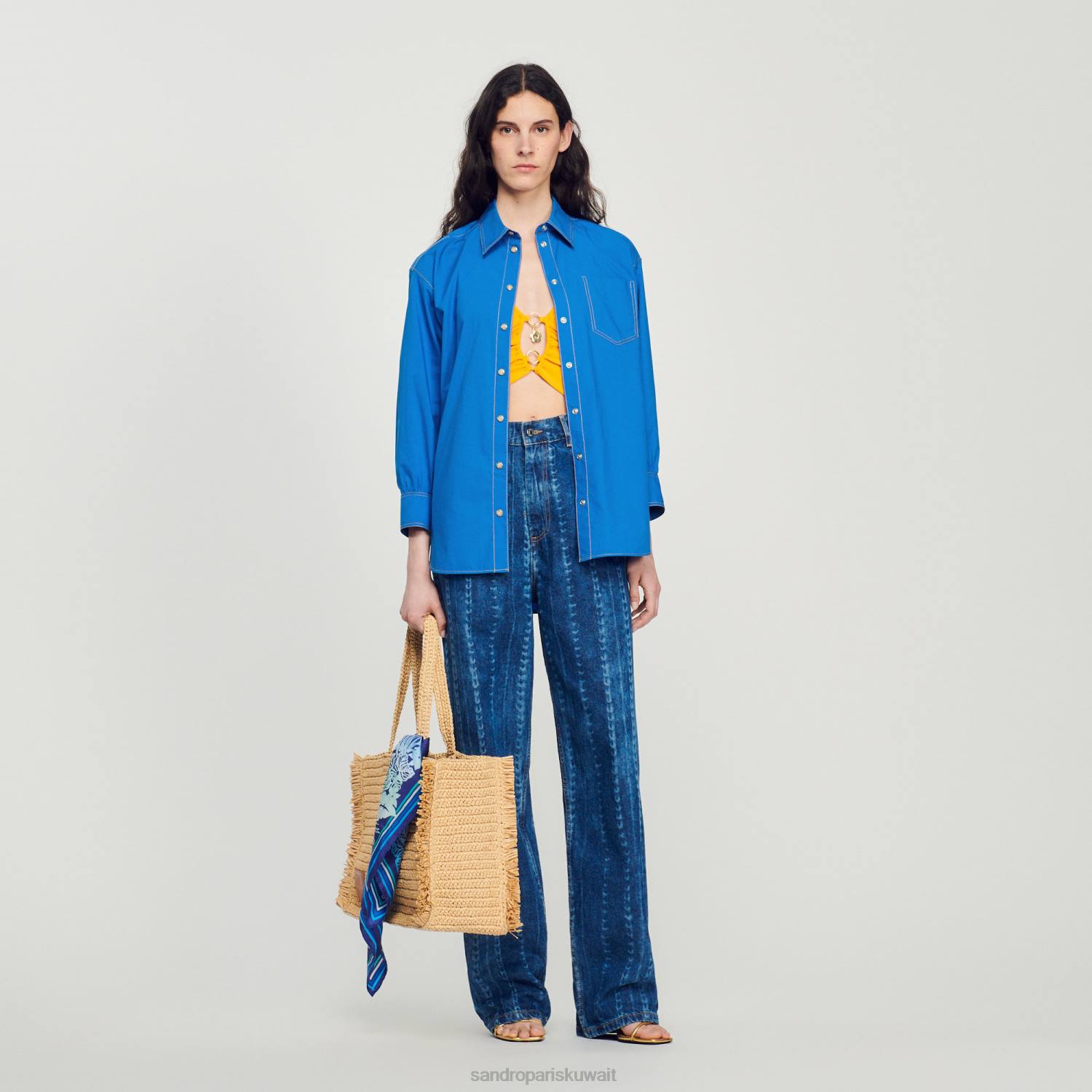 ثياب Sandro Paris قميص بتفاصيل خياطة علوية ازرقلكهرباءيهية نحيف ZJ00265