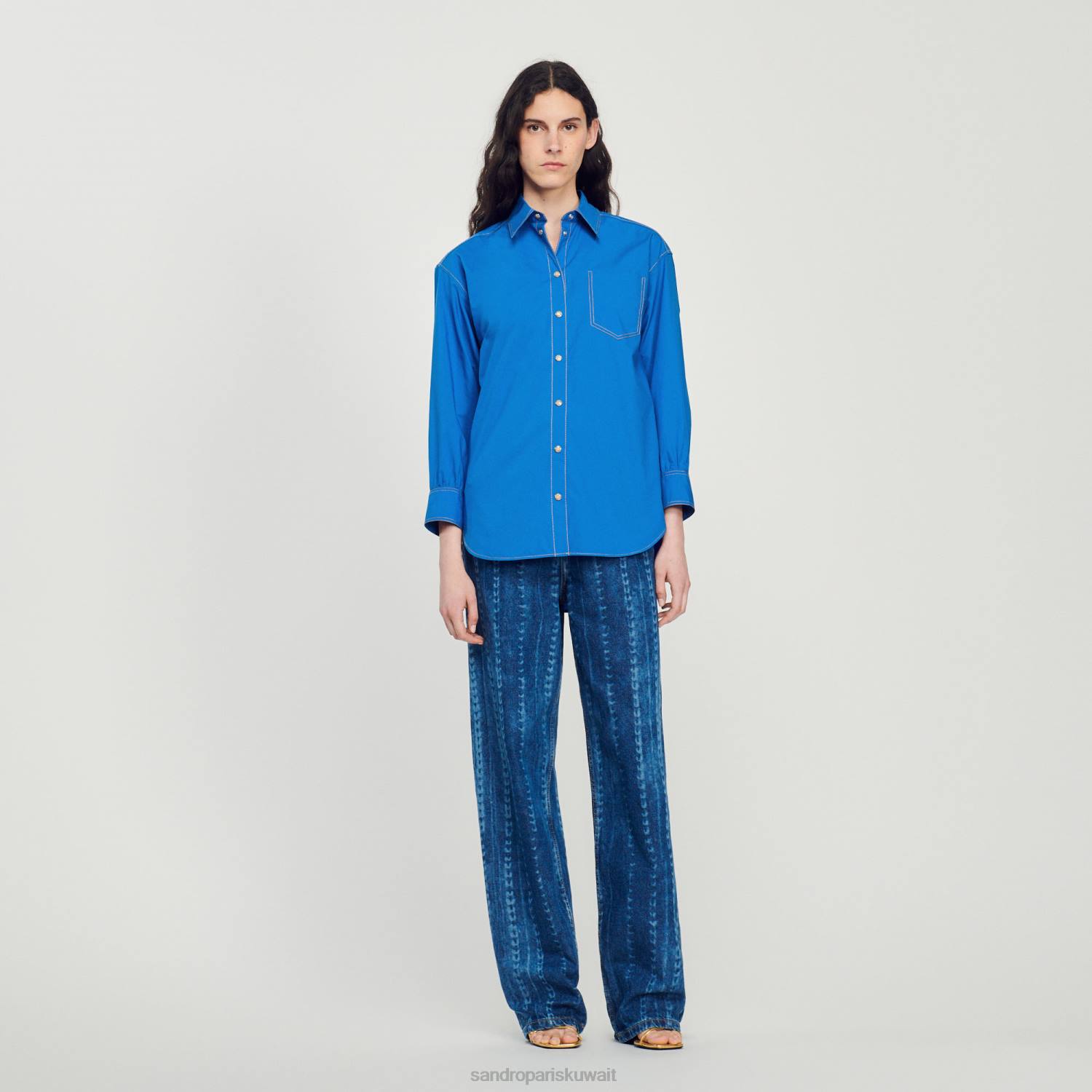 ثياب Sandro Paris قميص بتفاصيل خياطة علوية ازرقلكهرباءيهية نحيف ZJ00265