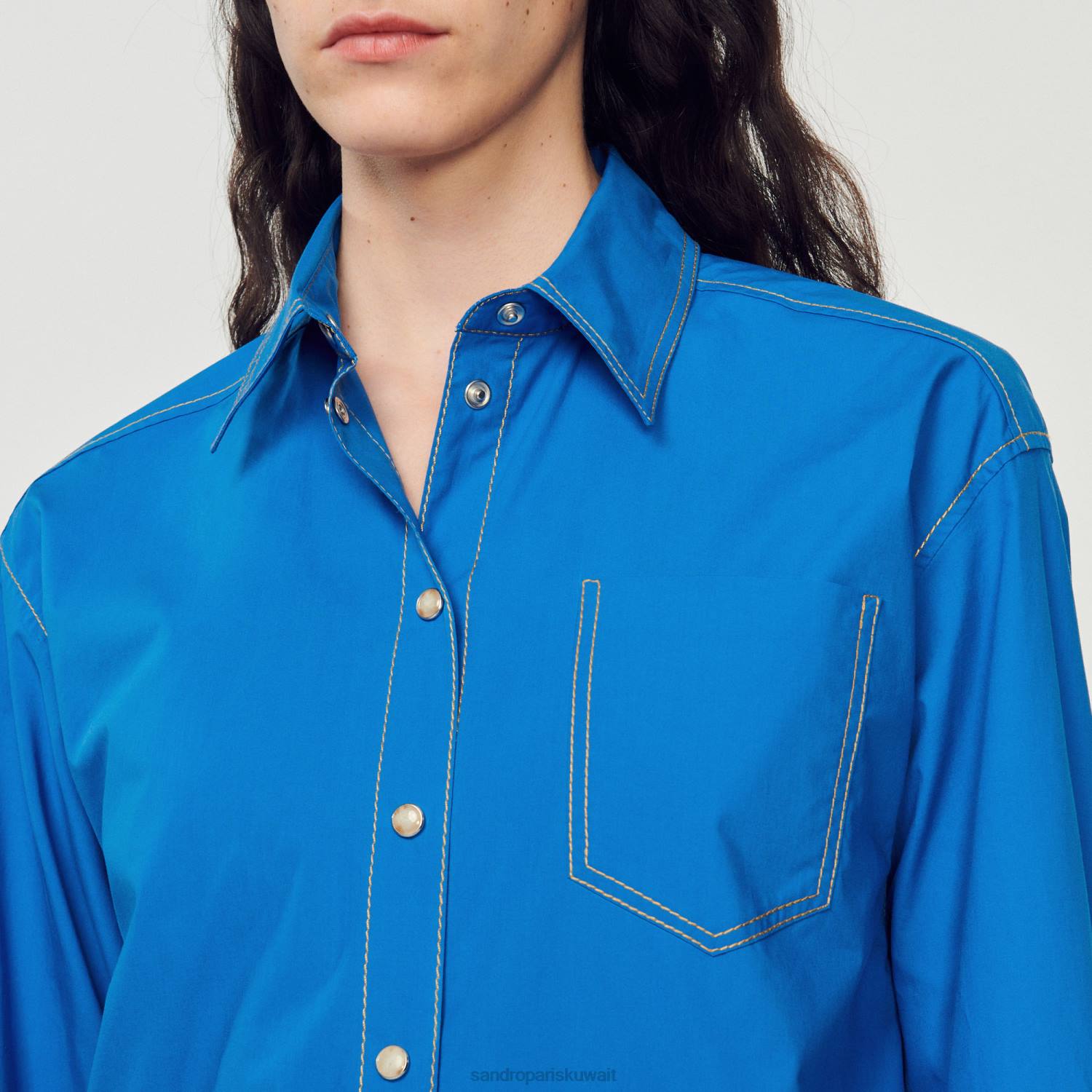 ثياب Sandro Paris قميص بتفاصيل خياطة علوية ازرقلكهرباءيهية نحيف ZJ00265