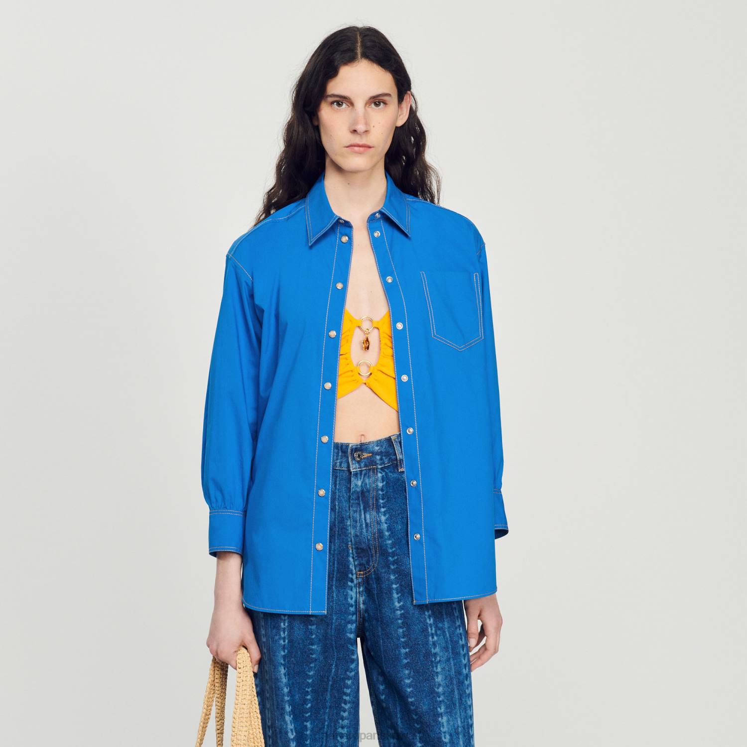 ثياب Sandro Paris قميص بتفاصيل خياطة علوية ازرقلكهرباءيهية نحيف ZJ00265