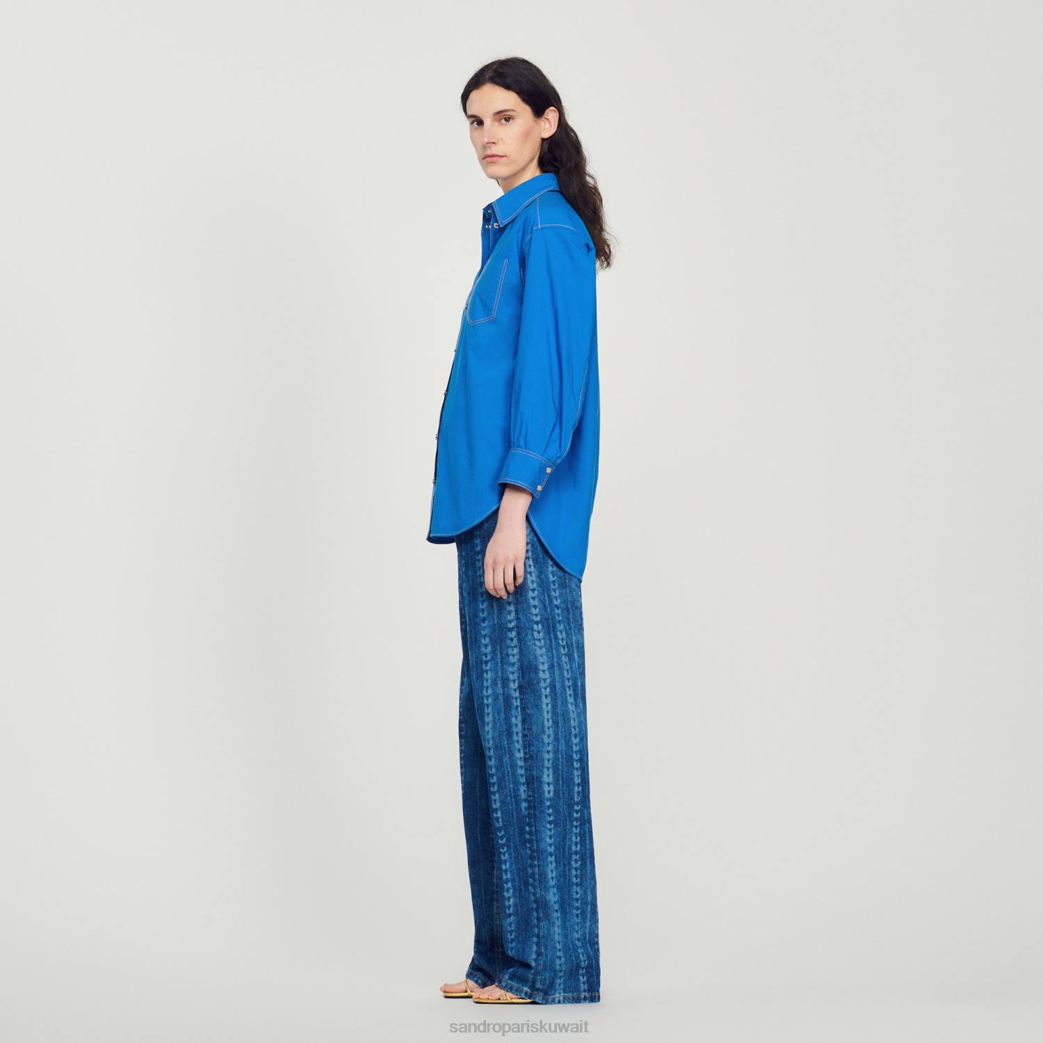 ثياب Sandro Paris قميص بتفاصيل خياطة علوية ازرقلكهرباءيهية نحيف ZJ00265