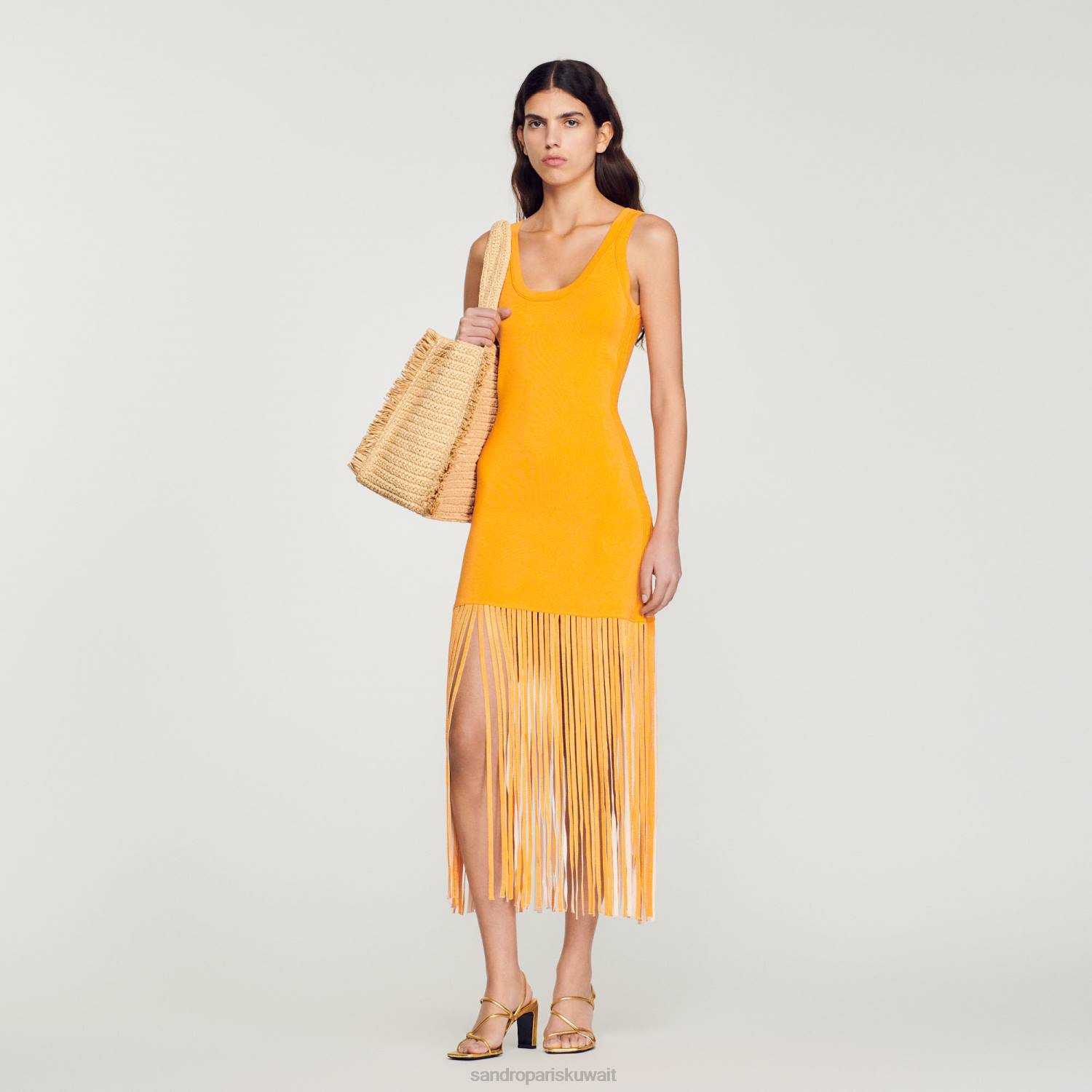 ثياب Sandro Paris فستان متماسكة مهدب البرتقالي نحيف ZJ00271
