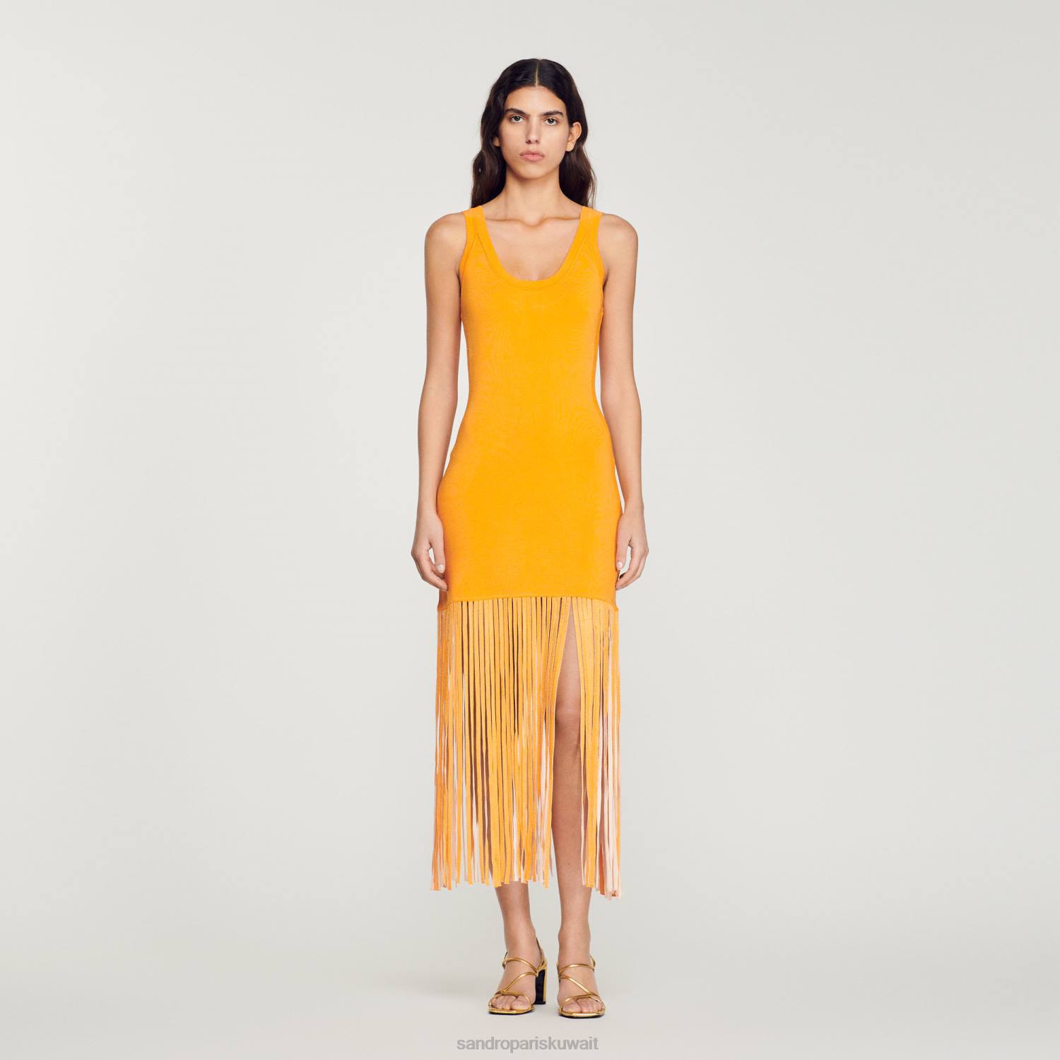 ثياب Sandro Paris فستان متماسكة مهدب البرتقالي نحيف ZJ00271