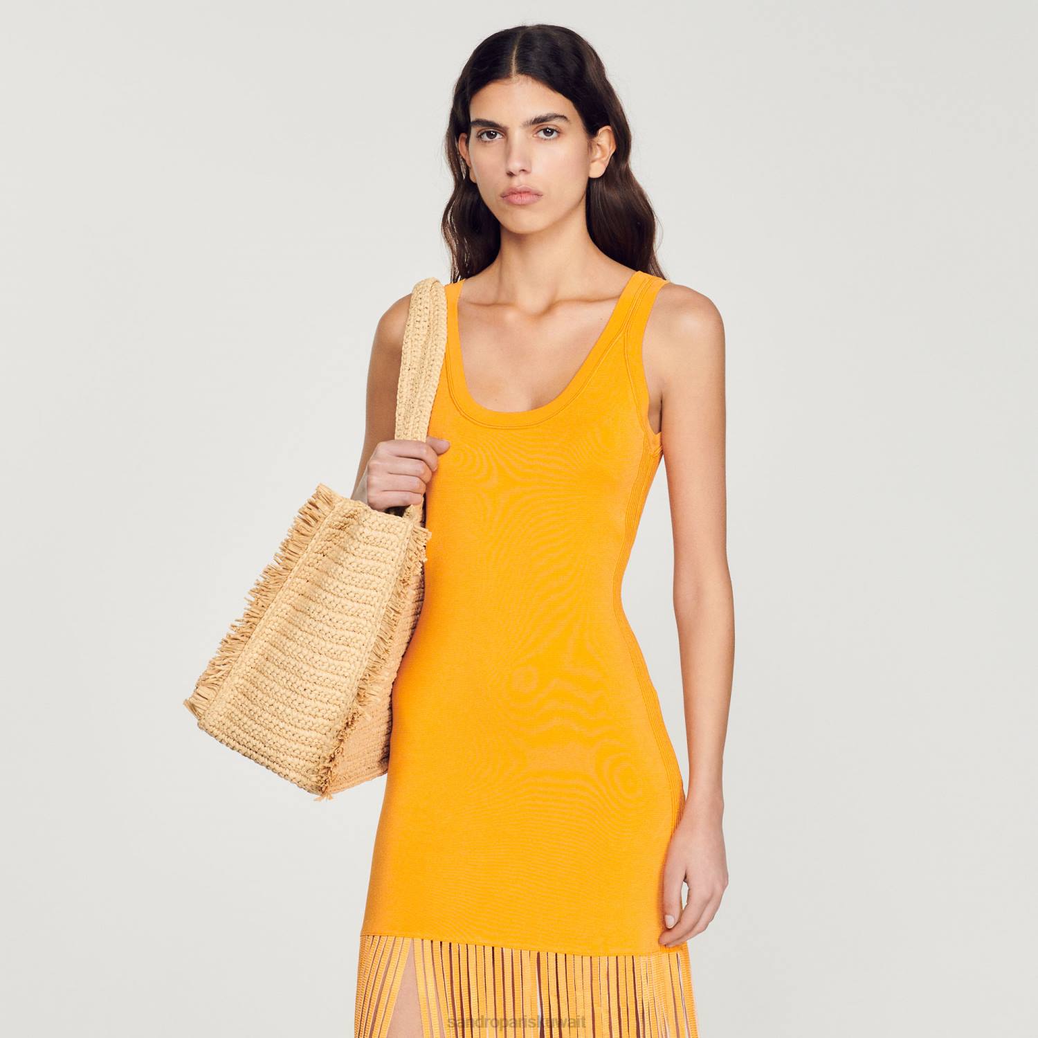 ثياب Sandro Paris فستان متماسكة مهدب البرتقالي نحيف ZJ00271