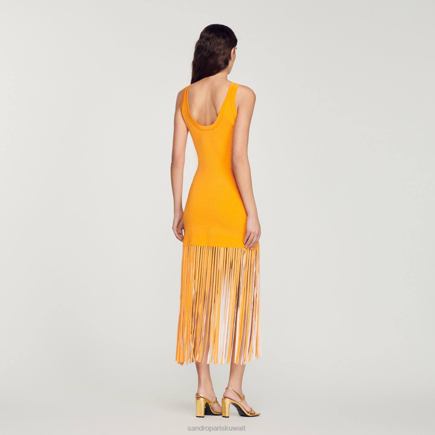 ثياب Sandro Paris فستان متماسكة مهدب البرتقالي نحيف ZJ00271