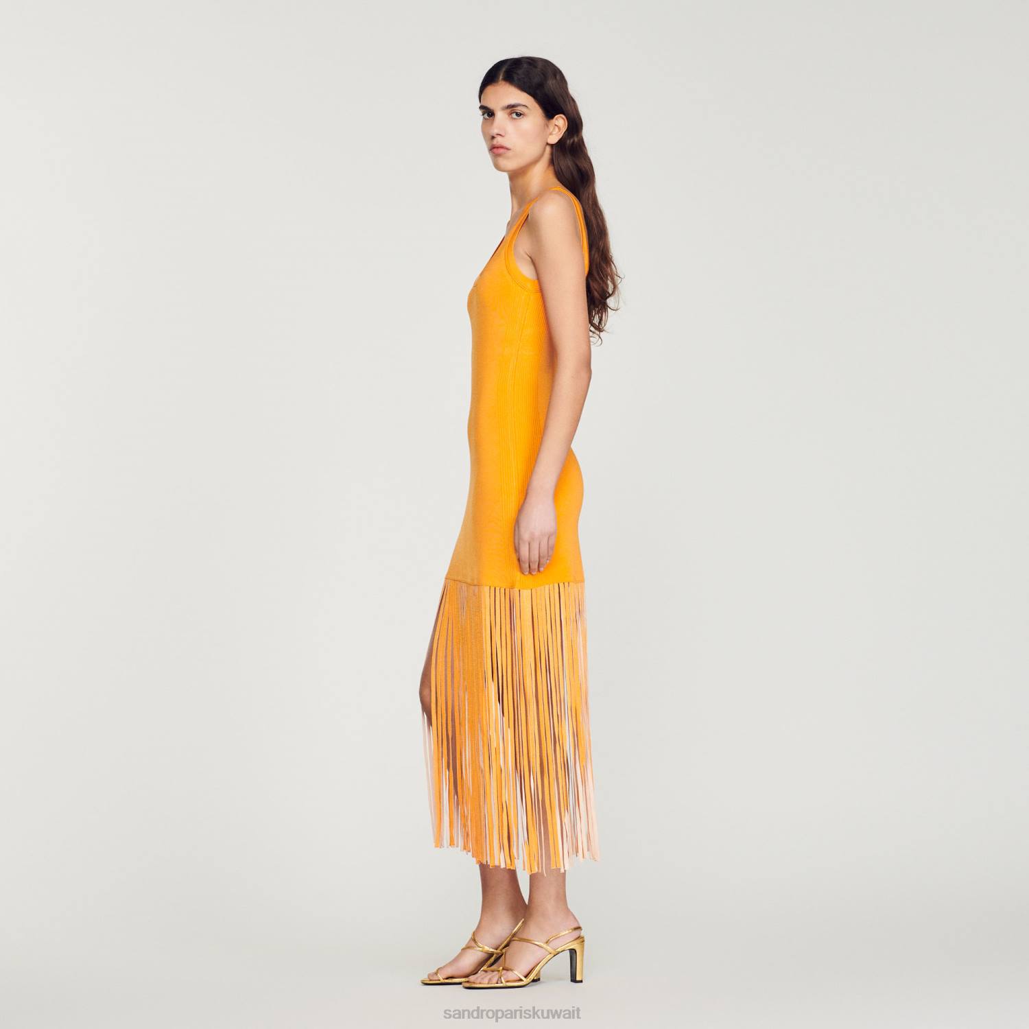 ثياب Sandro Paris فستان متماسكة مهدب البرتقالي نحيف ZJ00271