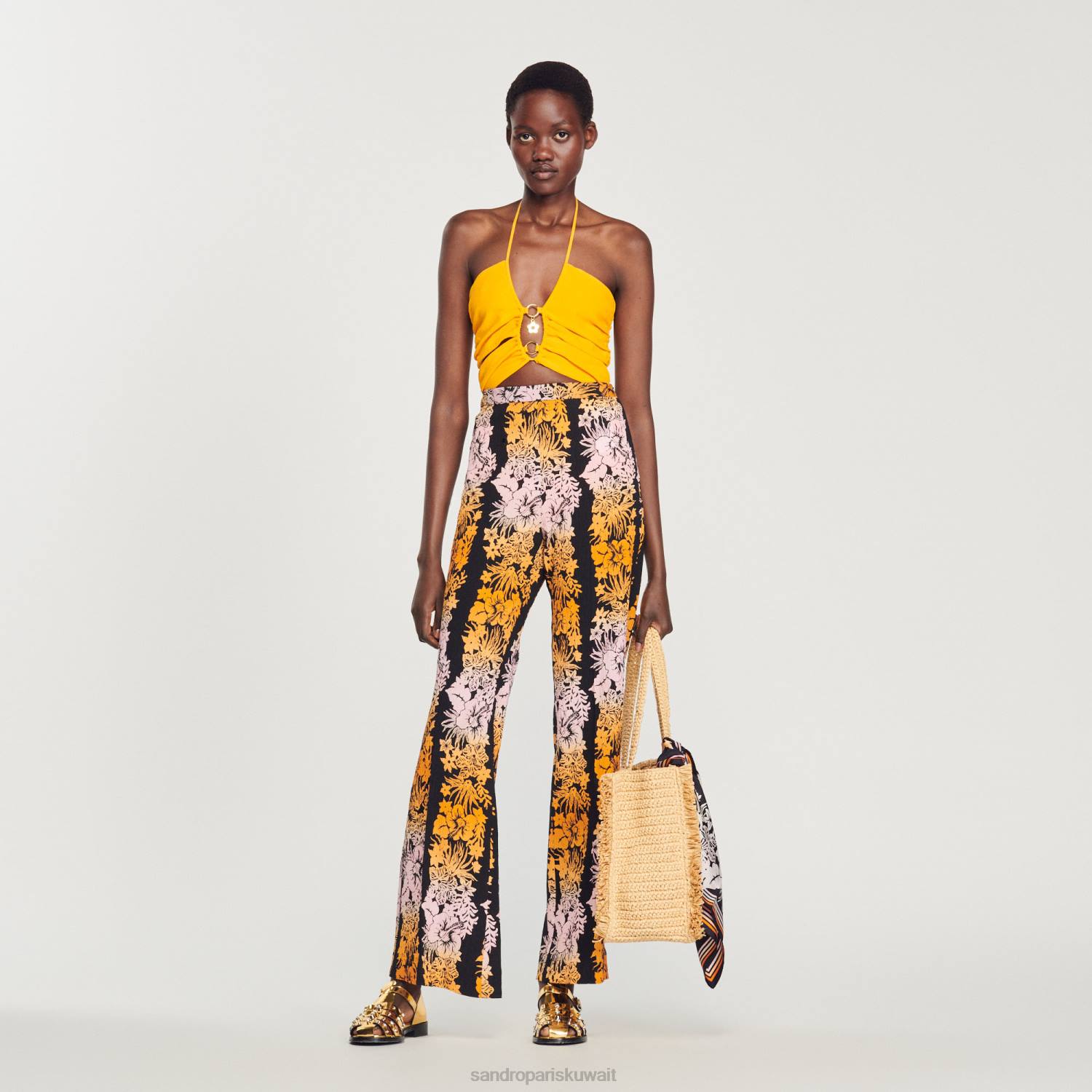 ثياب Sandro Paris بنطال فضفاض بطباعة هاواي أسود نحيف ZJ00273