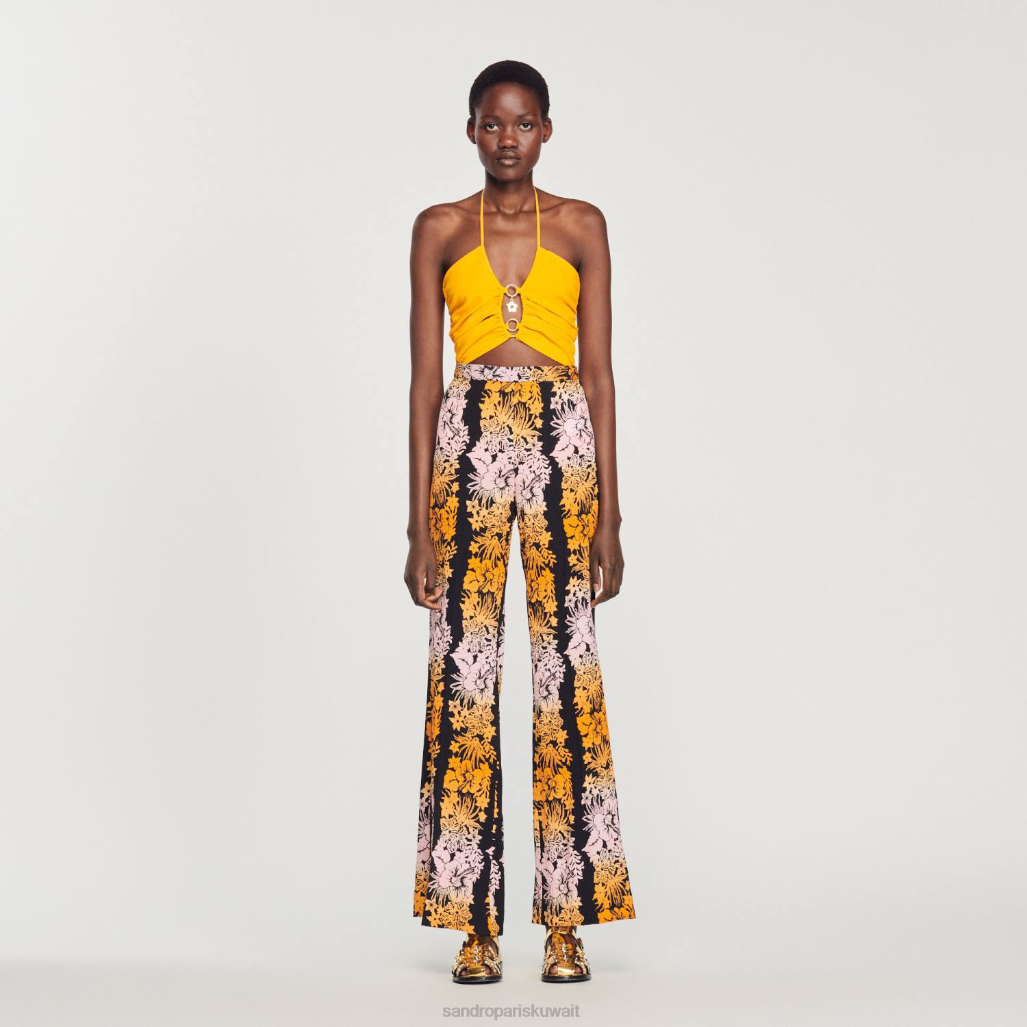 ثياب Sandro Paris بنطال فضفاض بطباعة هاواي أسود نحيف ZJ00273