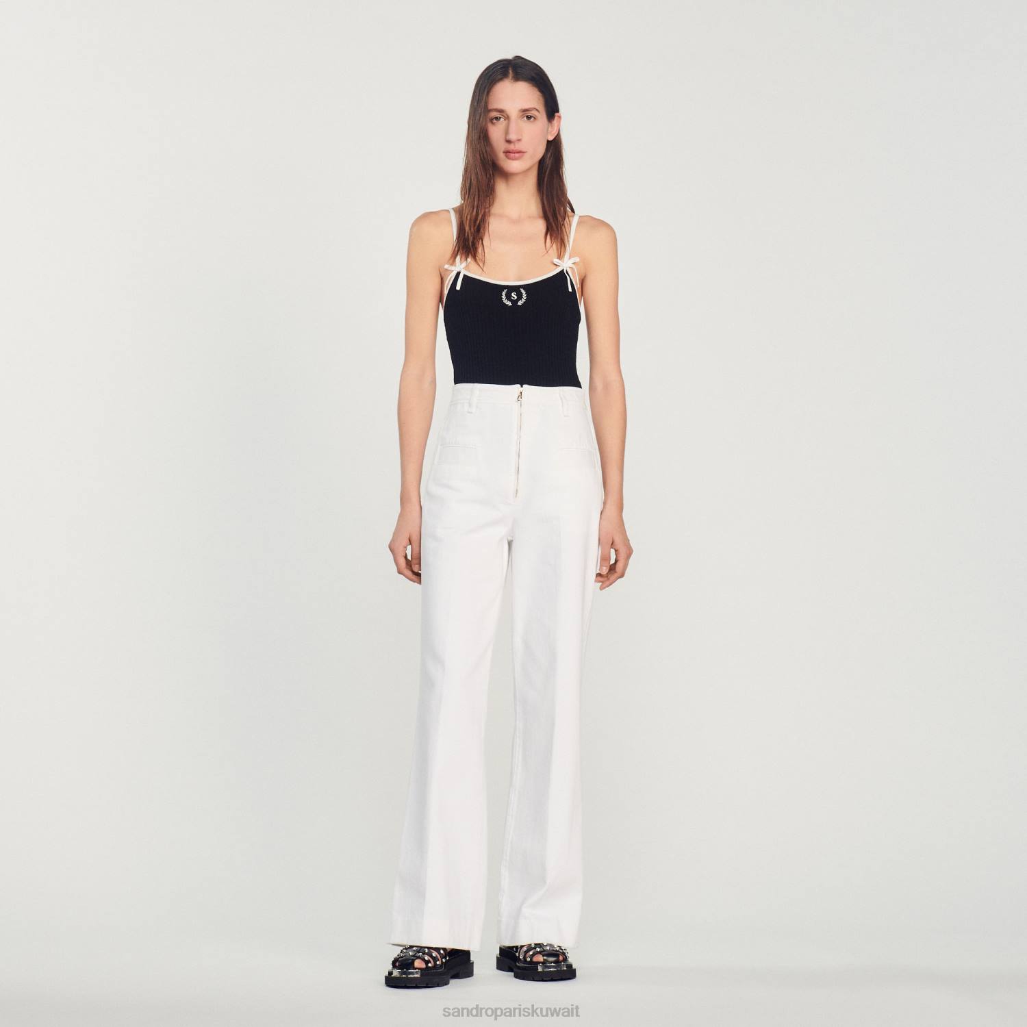 ثياب Sandro Paris بنطال قماش واسع الساق أبيض نحيف ZJ00274