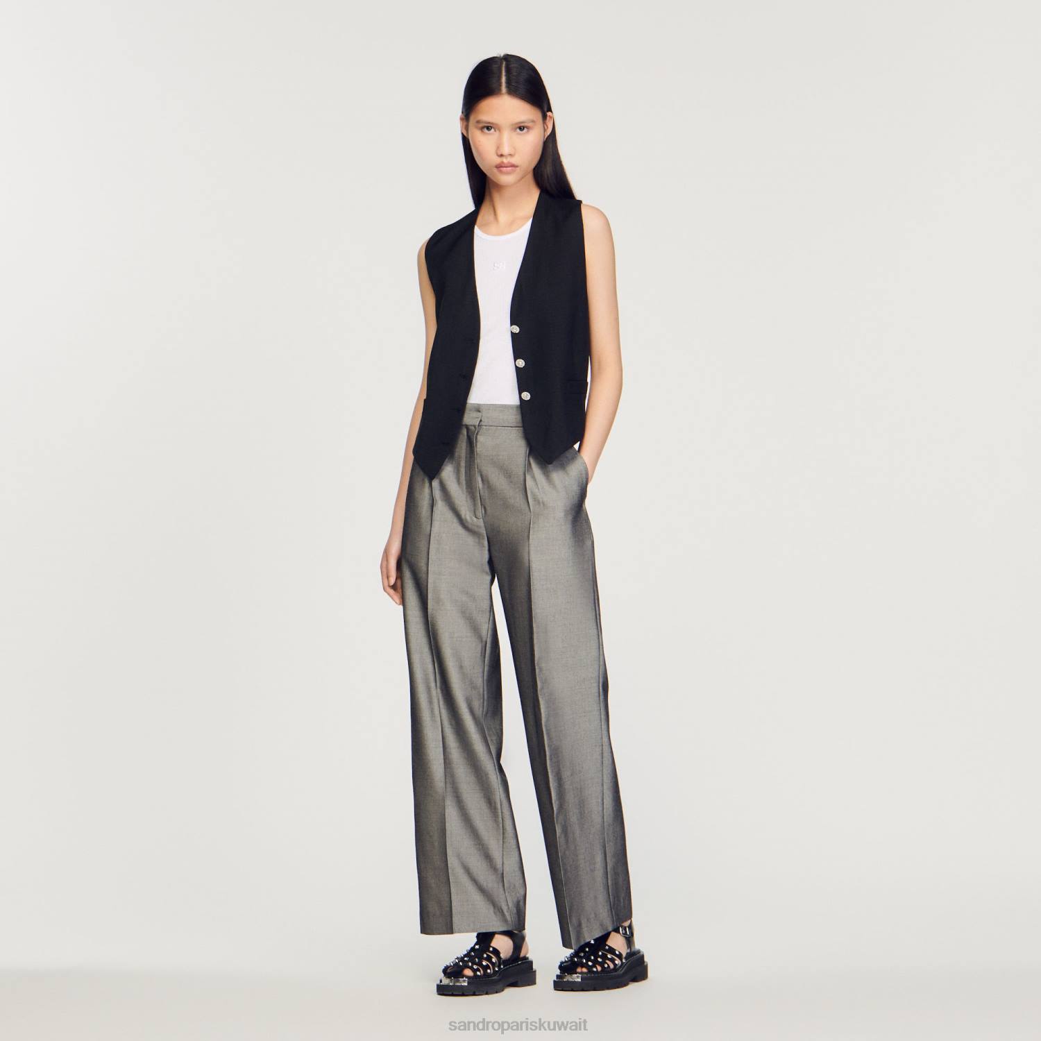 ثياب Sandro Paris السراويل واسعة الساق رمادي نحيف ZJ00277