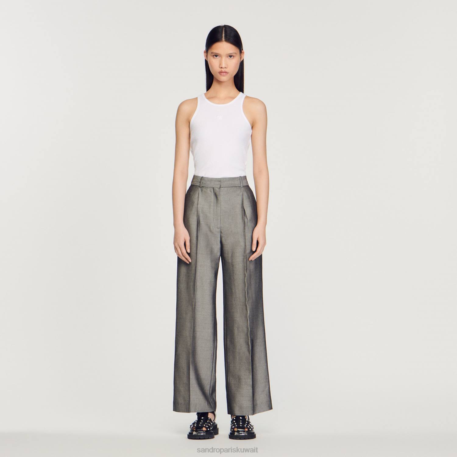 ثياب Sandro Paris السراويل واسعة الساق رمادي نحيف ZJ00277