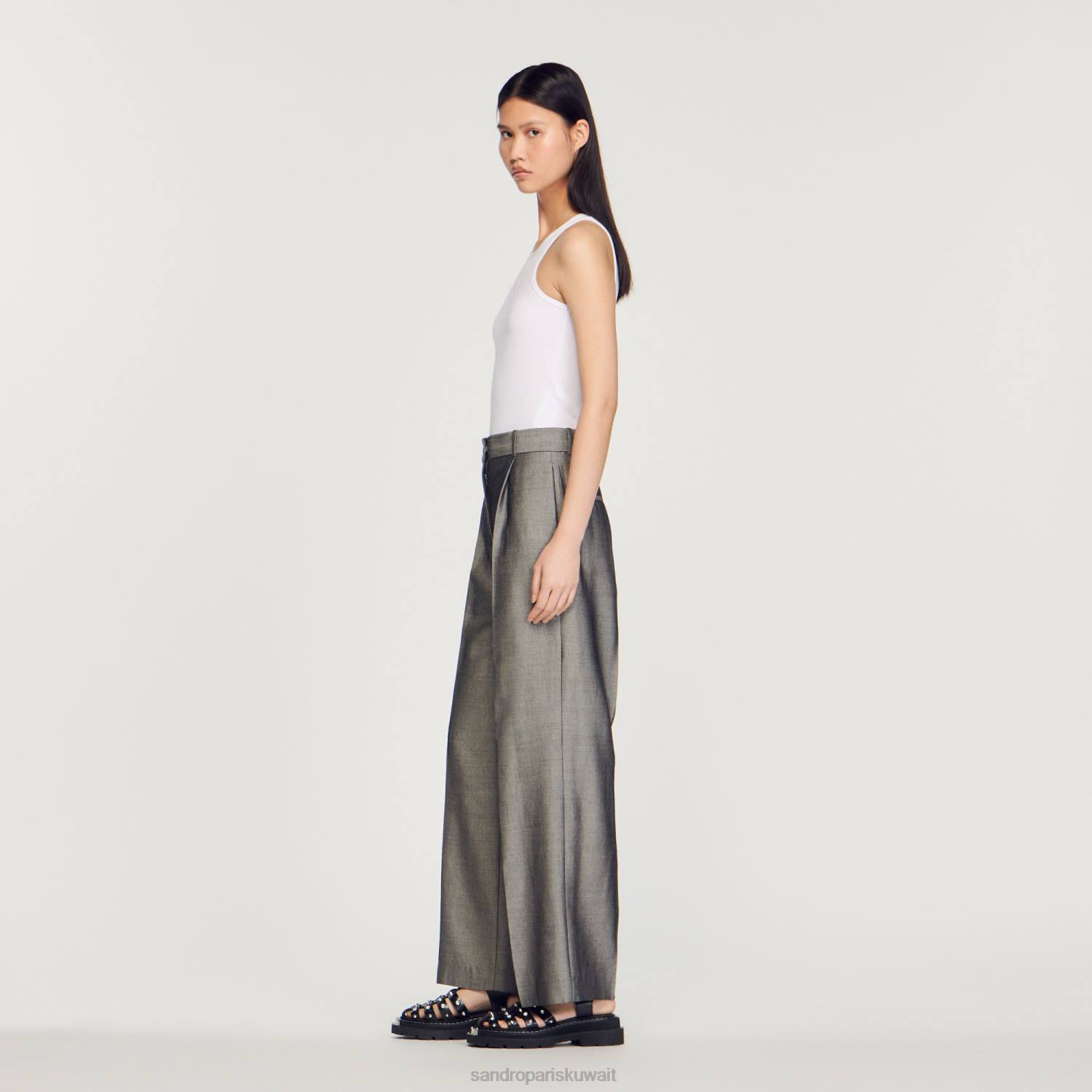 ثياب Sandro Paris السراويل واسعة الساق رمادي نحيف ZJ00277