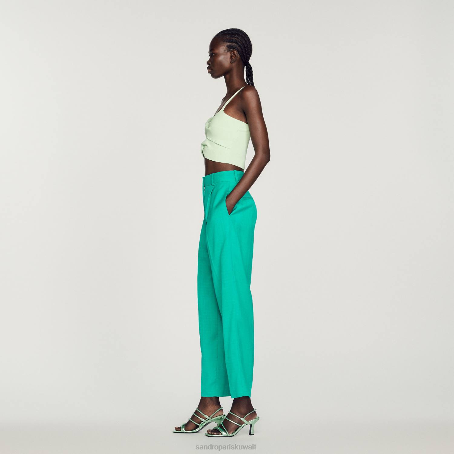 ثياب Sandro Paris بنطال مستقيم الأرجل إيمورود الأخضر نحيف ZJ00280