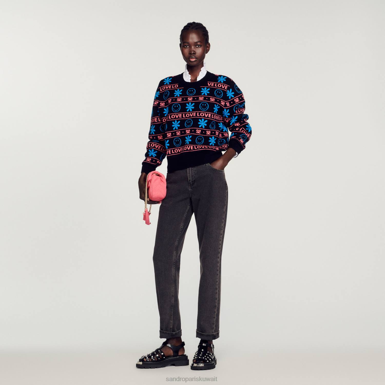 ثياب Sandro Paris سترة الجاكار مبتسم أسود نحيف ZJ00287