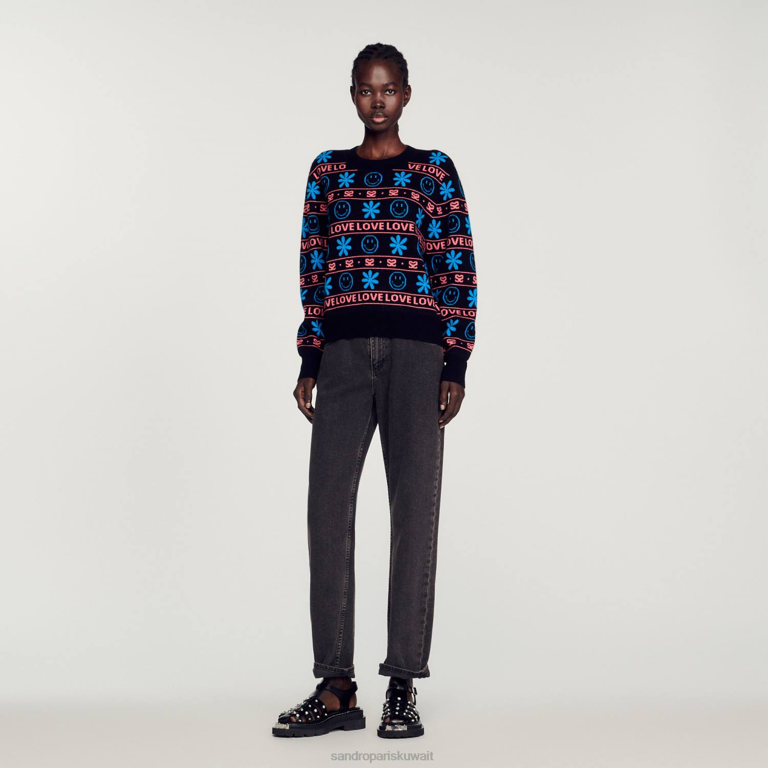 ثياب Sandro Paris سترة الجاكار مبتسم أسود نحيف ZJ00287