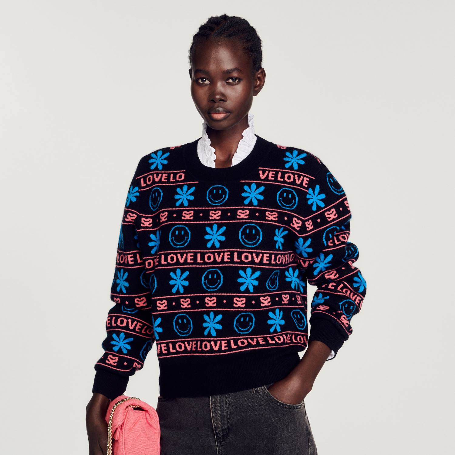 ثياب Sandro Paris سترة الجاكار مبتسم أسود نحيف ZJ00287