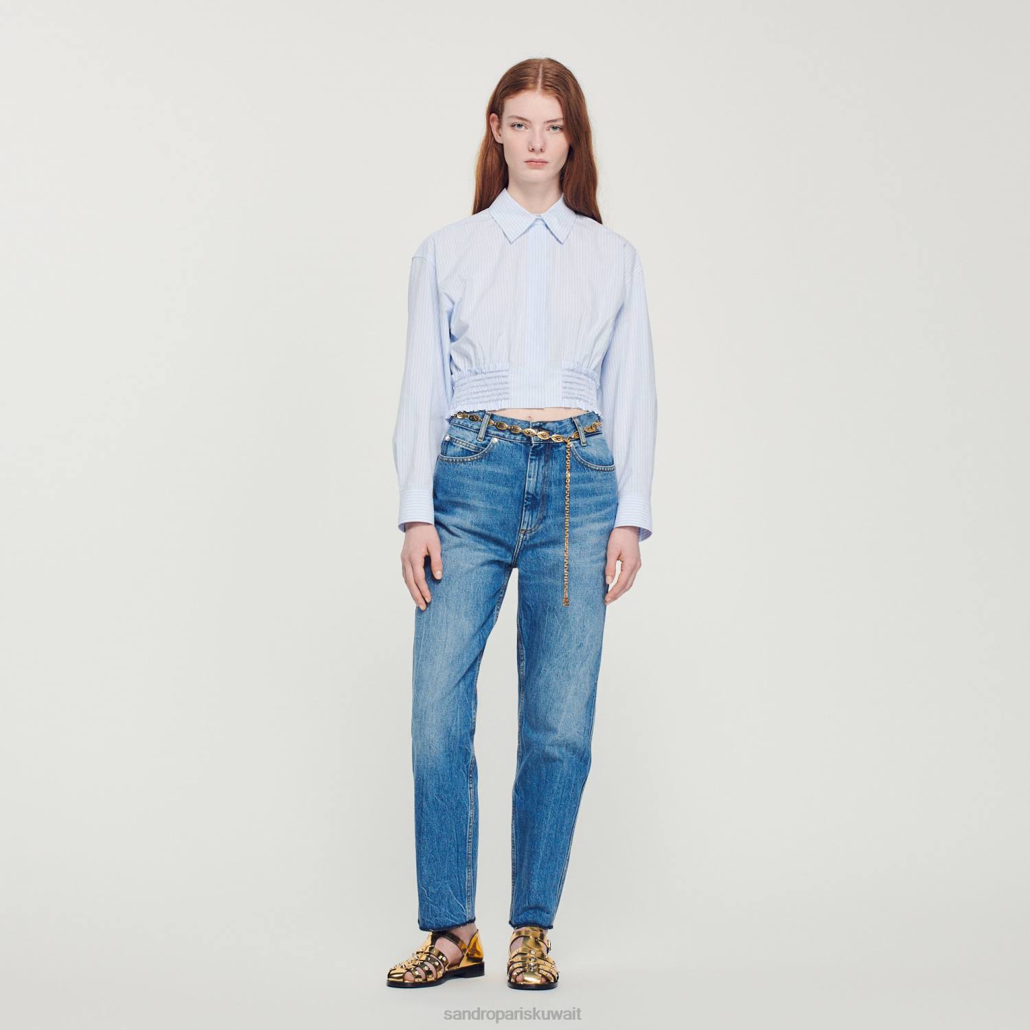 ثياب Sandro Paris قميص مخطط قصير السماء الزرقاء/الأبيض نحيف ZJ00288