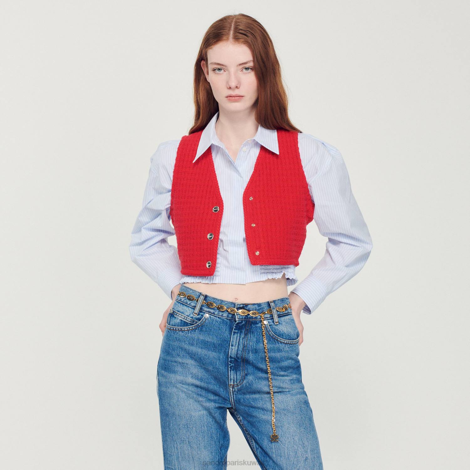 ثياب Sandro Paris قميص مخطط قصير السماء الزرقاء/الأبيض نحيف ZJ00288