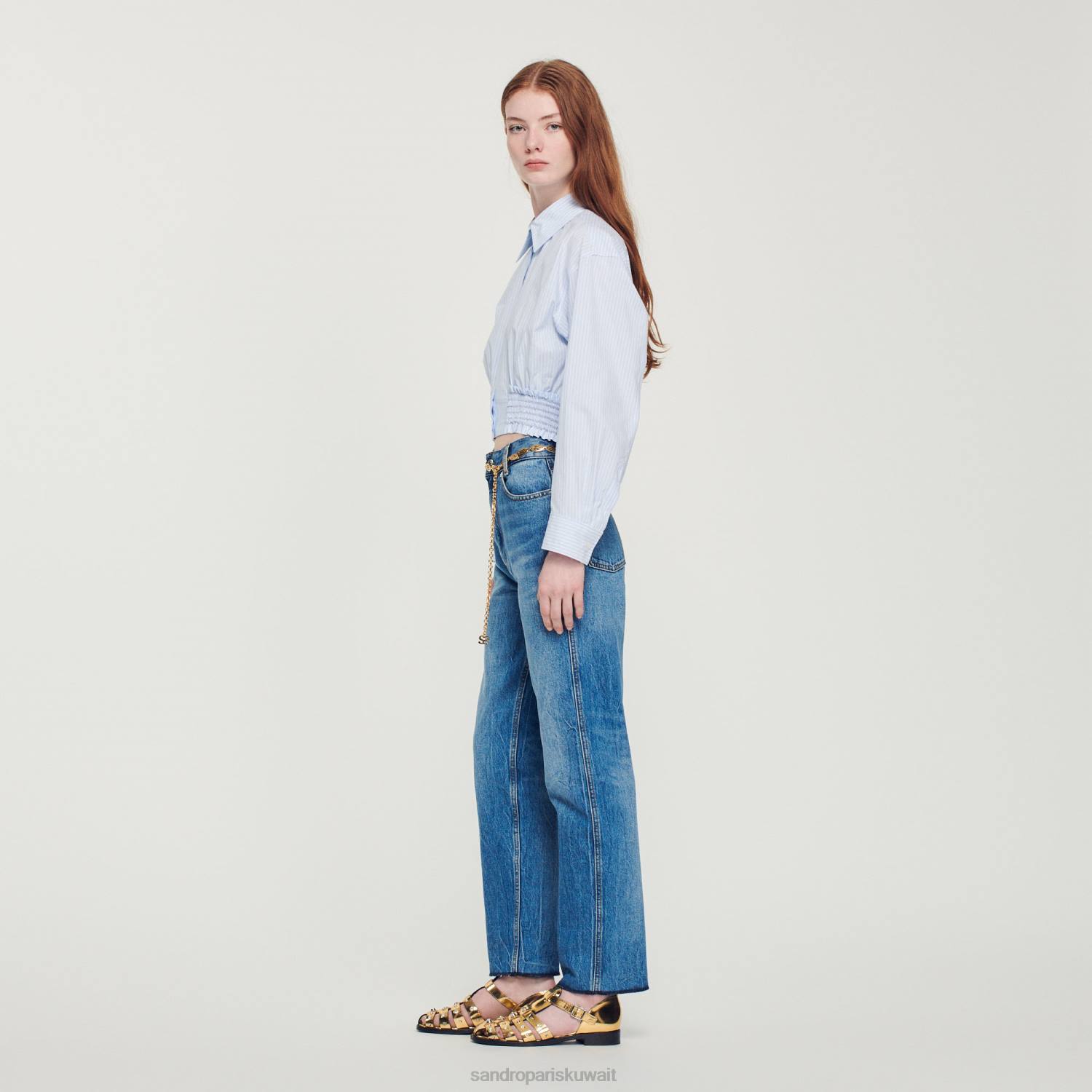 ثياب Sandro Paris قميص مخطط قصير السماء الزرقاء/الأبيض نحيف ZJ00288