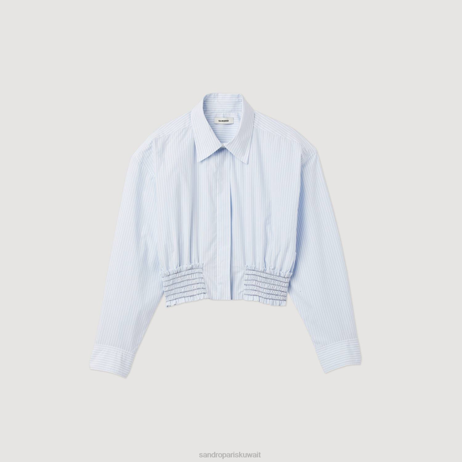 ثياب Sandro Paris قميص مخطط قصير السماء الزرقاء/الأبيض نحيف ZJ00288