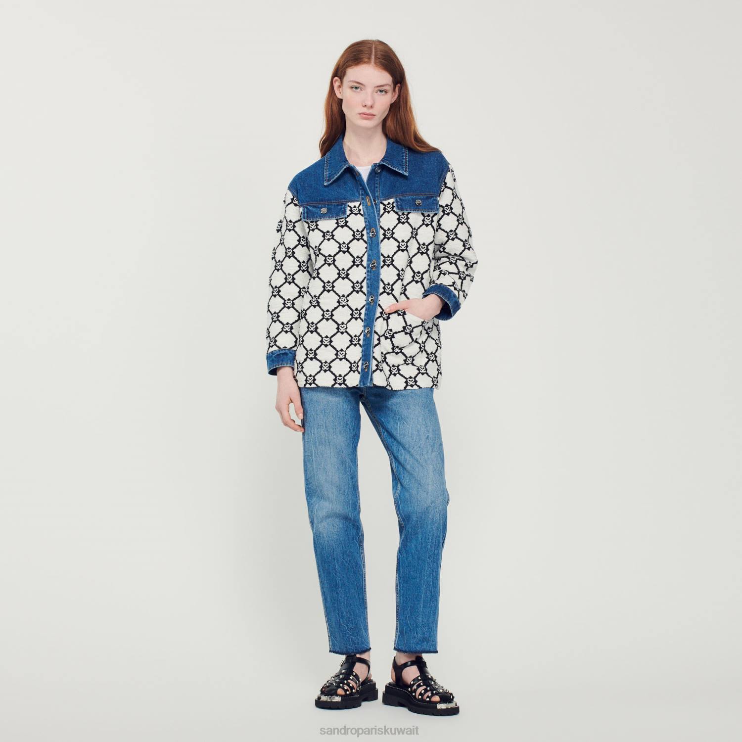 ثياب Sandro Paris متماسكة و الدنيم معطف أزرق/أبيض نحيف ZJ00294