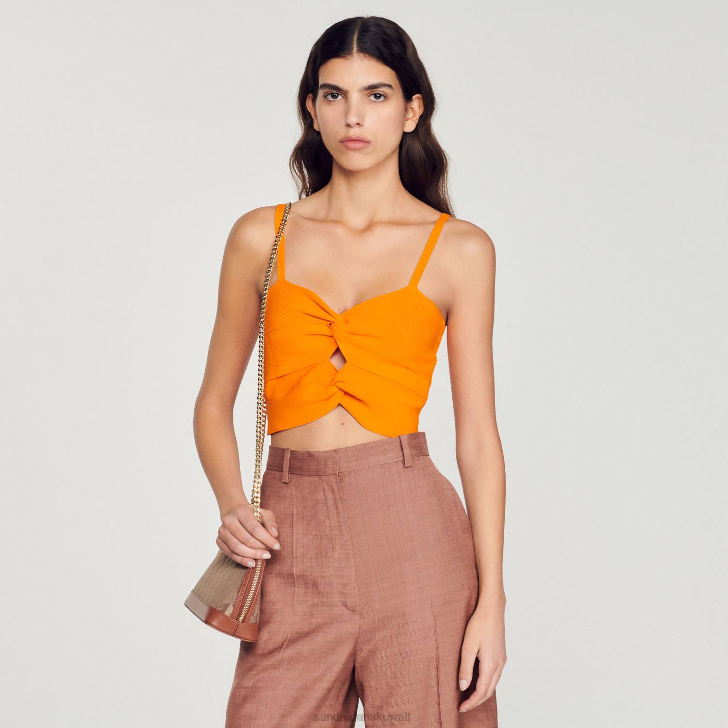 ثياب Sandro Paris أعلى المحاصيل مربوطة البرتقالي نحيف ZJ00300