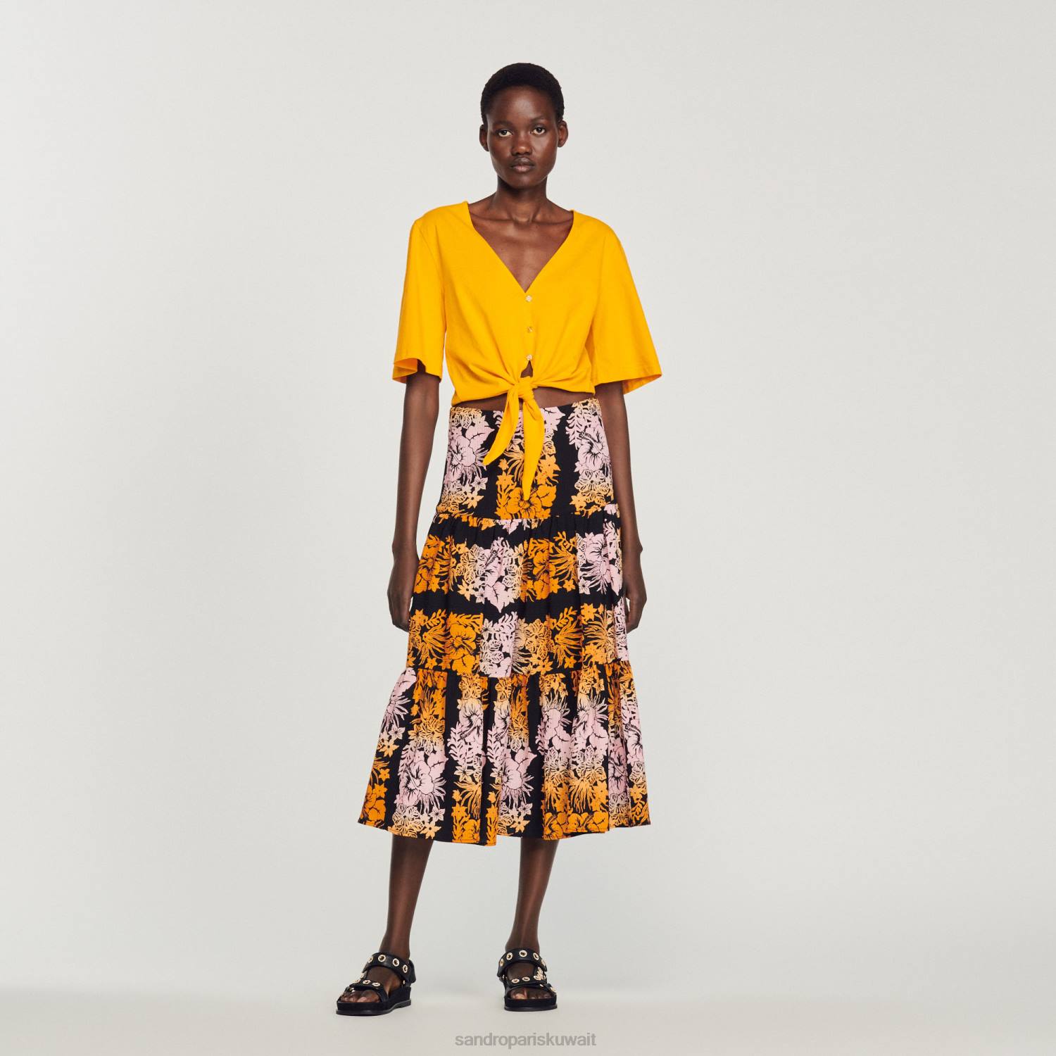 ثياب Sandro Paris تنورة طويلة الطباعة أسود نحيف ZJ00302