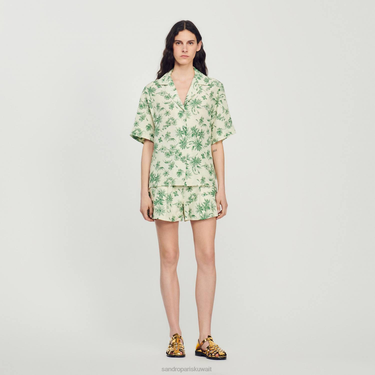 ثياب Sandro Paris قميص مطبوع فضفاض بيج فاتح - أخضر نحيف ZJ00303